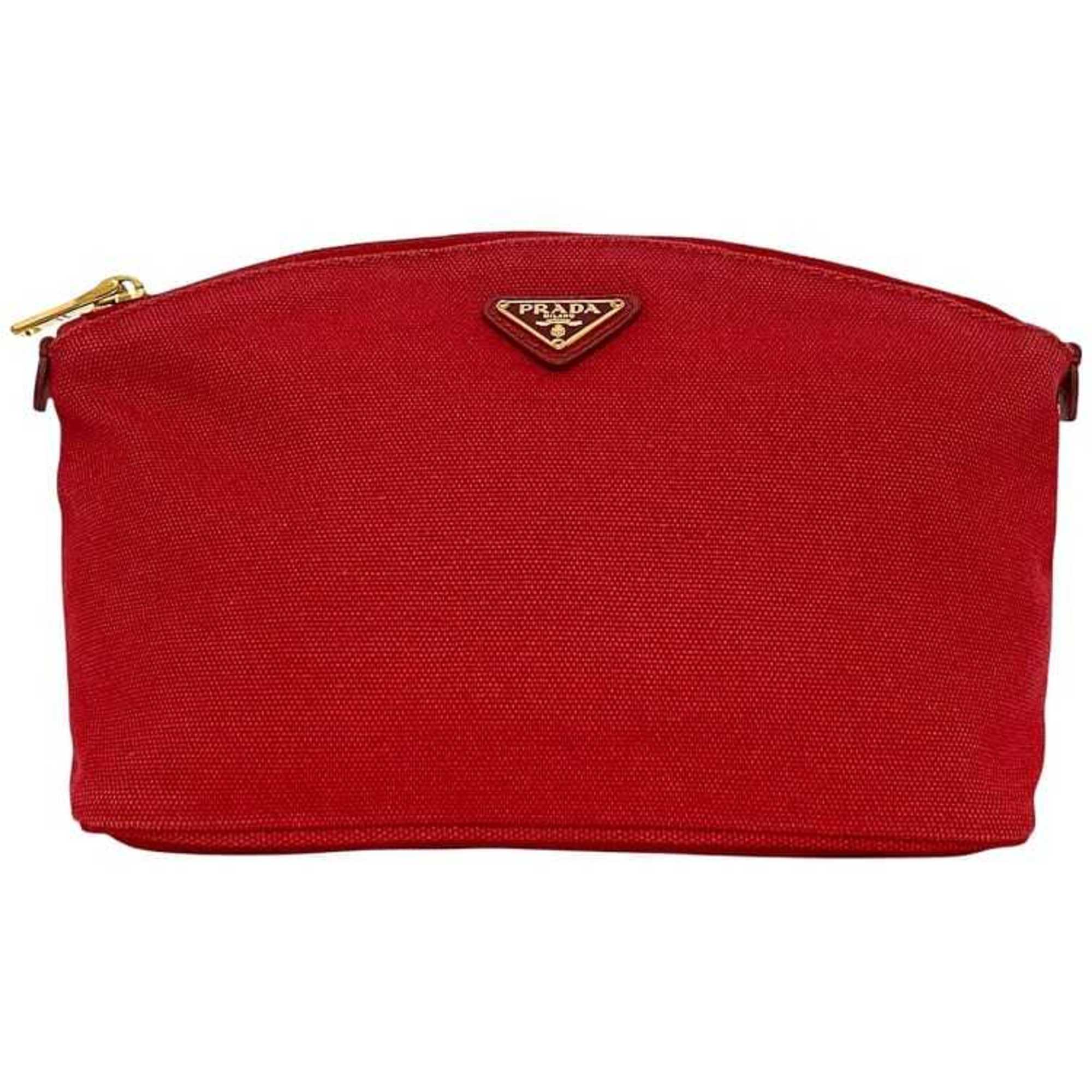 Prada Red Color Canvas Leather Pouch (Pre-Owned)
