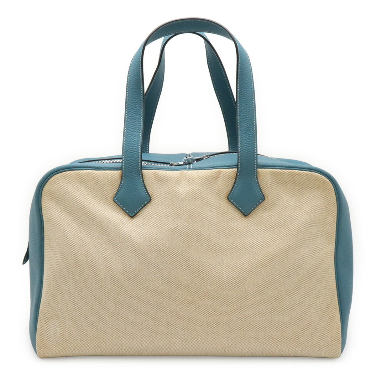 Hermes Beige Blue Jean Toile H Taurillon Clemence Leather Boston Bag (Pre-Owned)