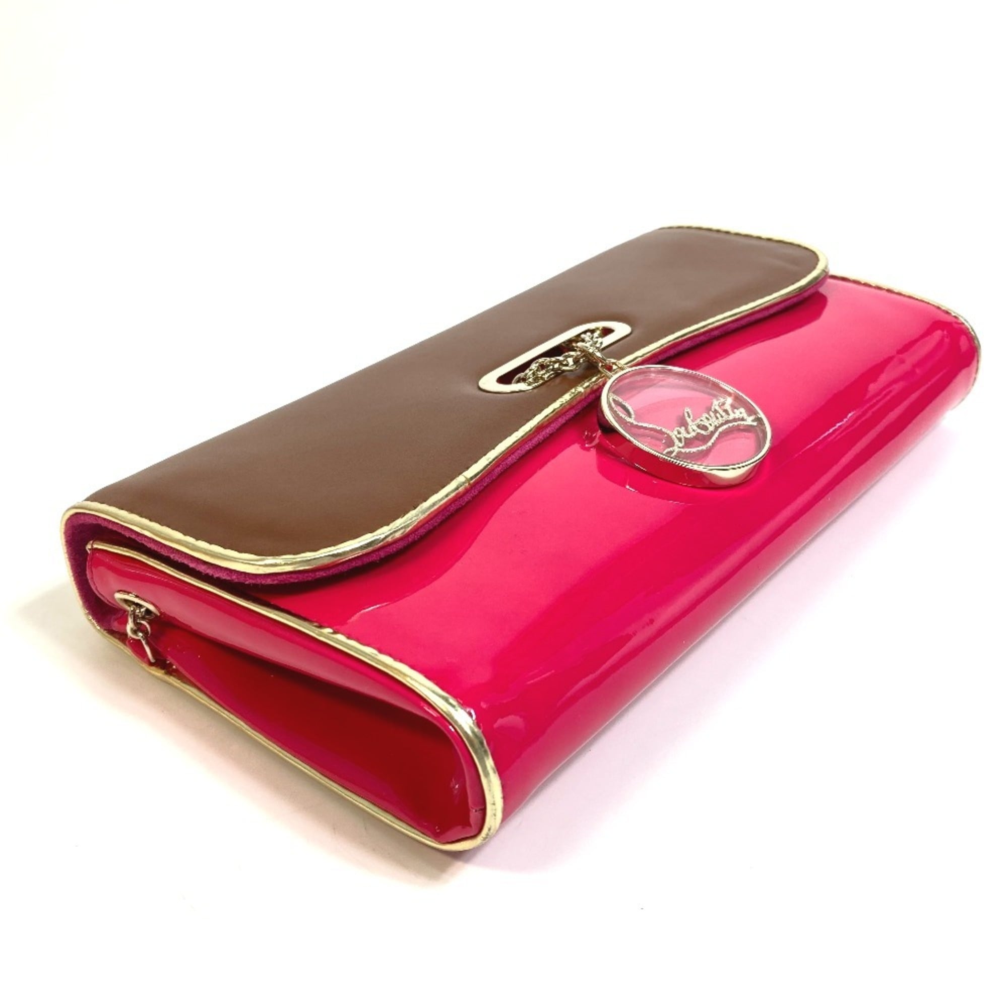 Christian Louboutin Brown Pink Patent Leather Suede Leather Clutch Bag Handbag (Pre-Owned)