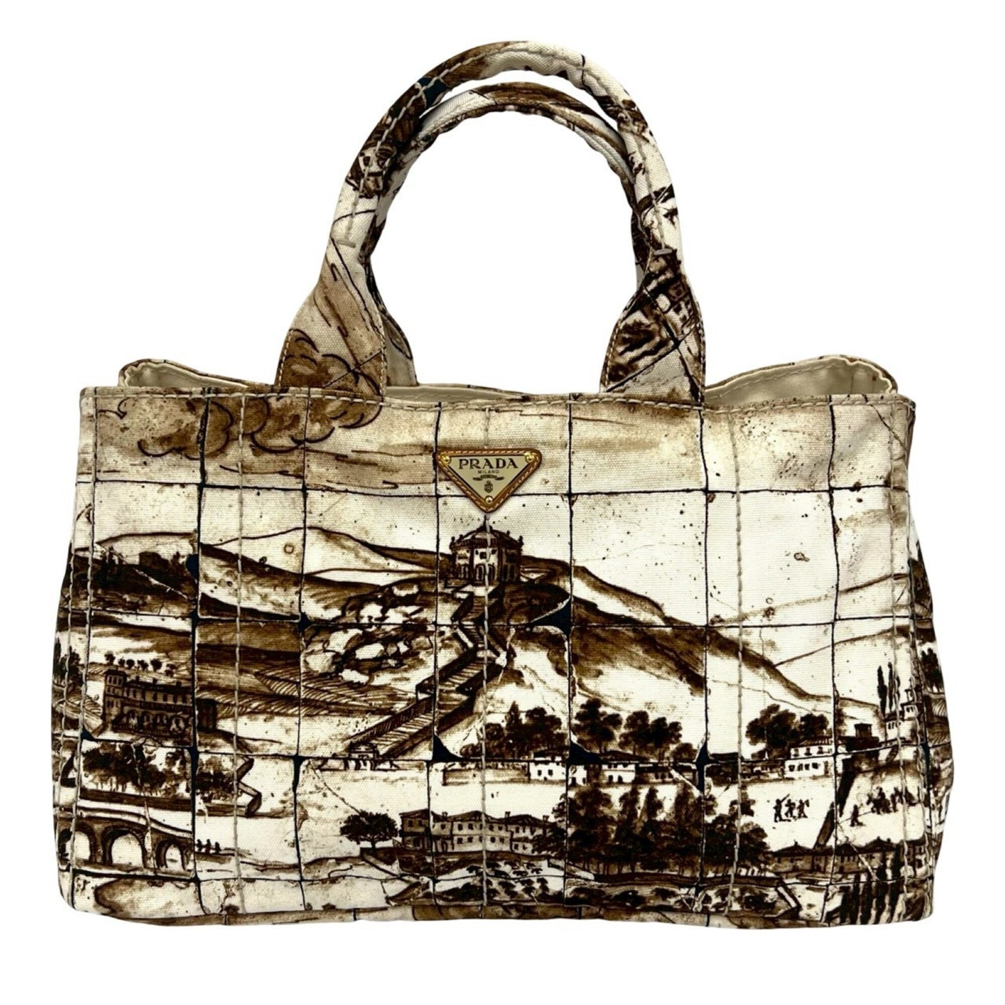 Prada Brown Ivory Canvas Boston Bag Tote Bag (Pre-Owned)