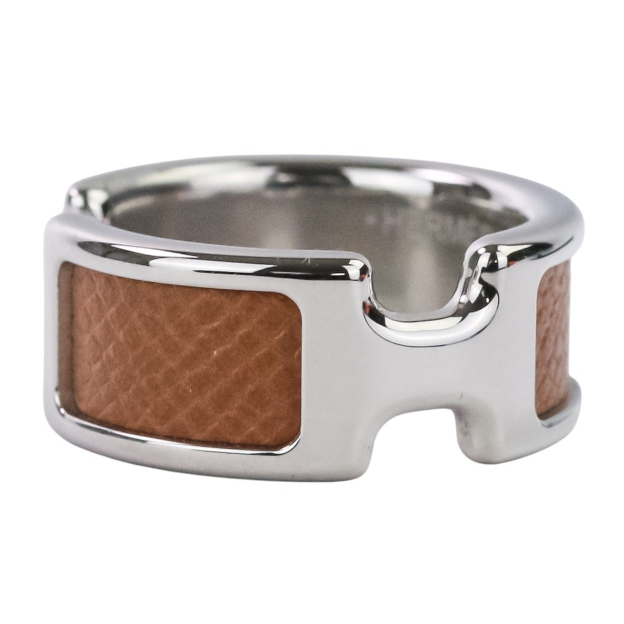 Hermes Silver Brown Leather Metal Band Ring (Pre-Owned)