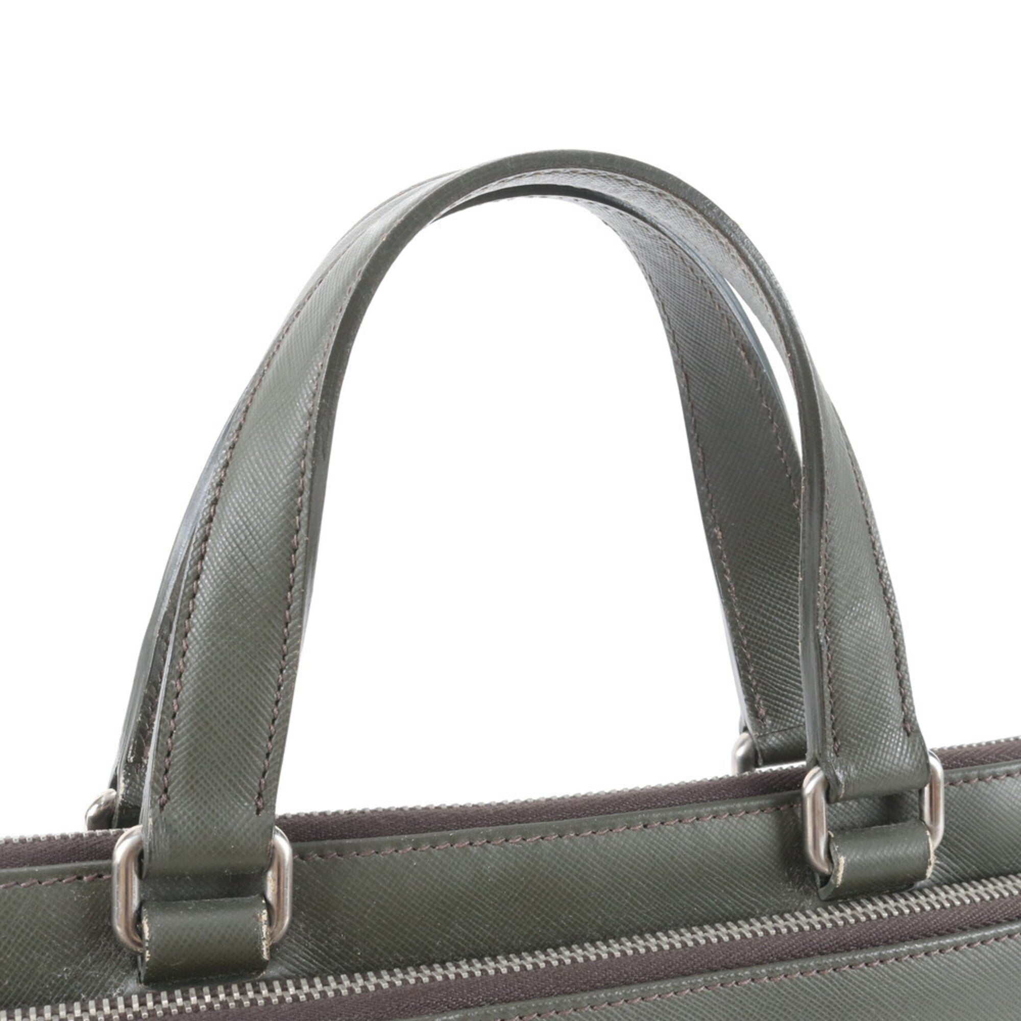 Prada Saffiano Khaki Leather Briefcase Handbag (Pre-Owned)