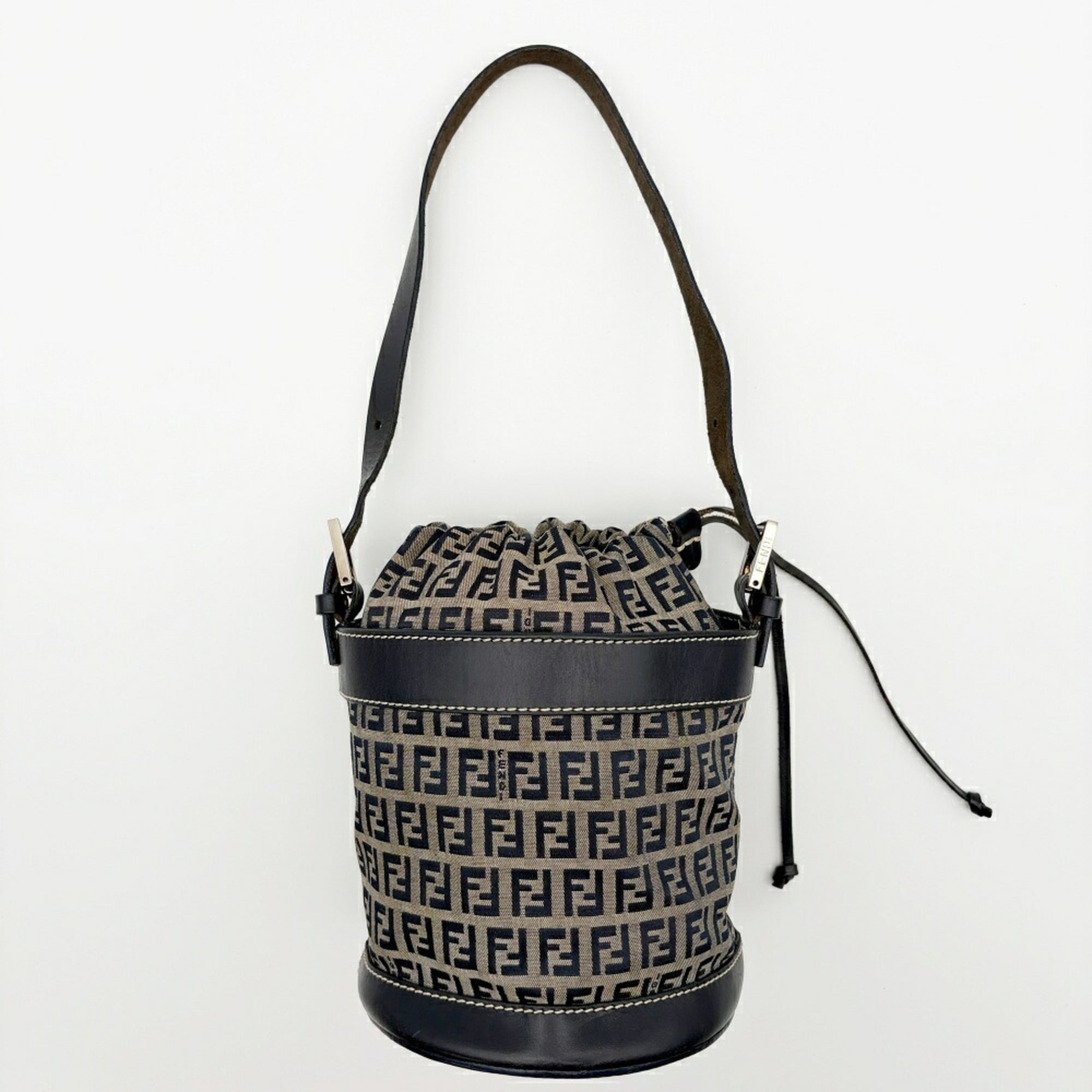 Fendi Zucca Navy Canvas Leather Shoulder Bag (Pre-Owned)