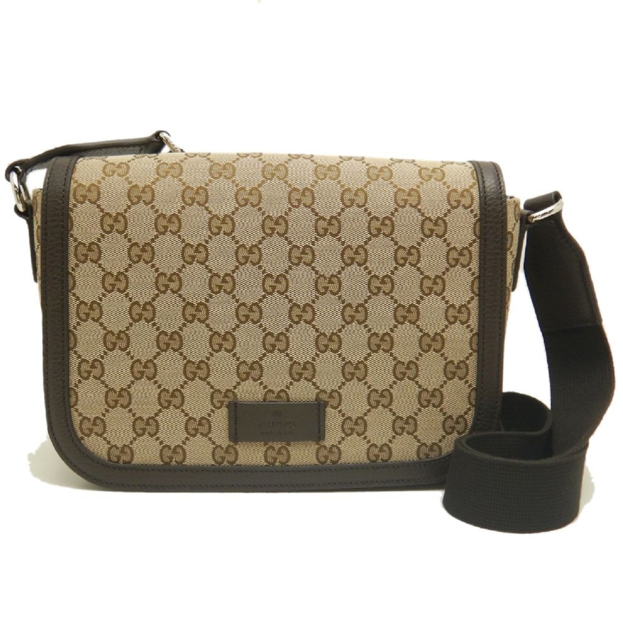 Gucci Gg Canvas Beige Dark Brown Gg Canvas Leather Messenger Bag Shoulder Bag (Pre-Owned)