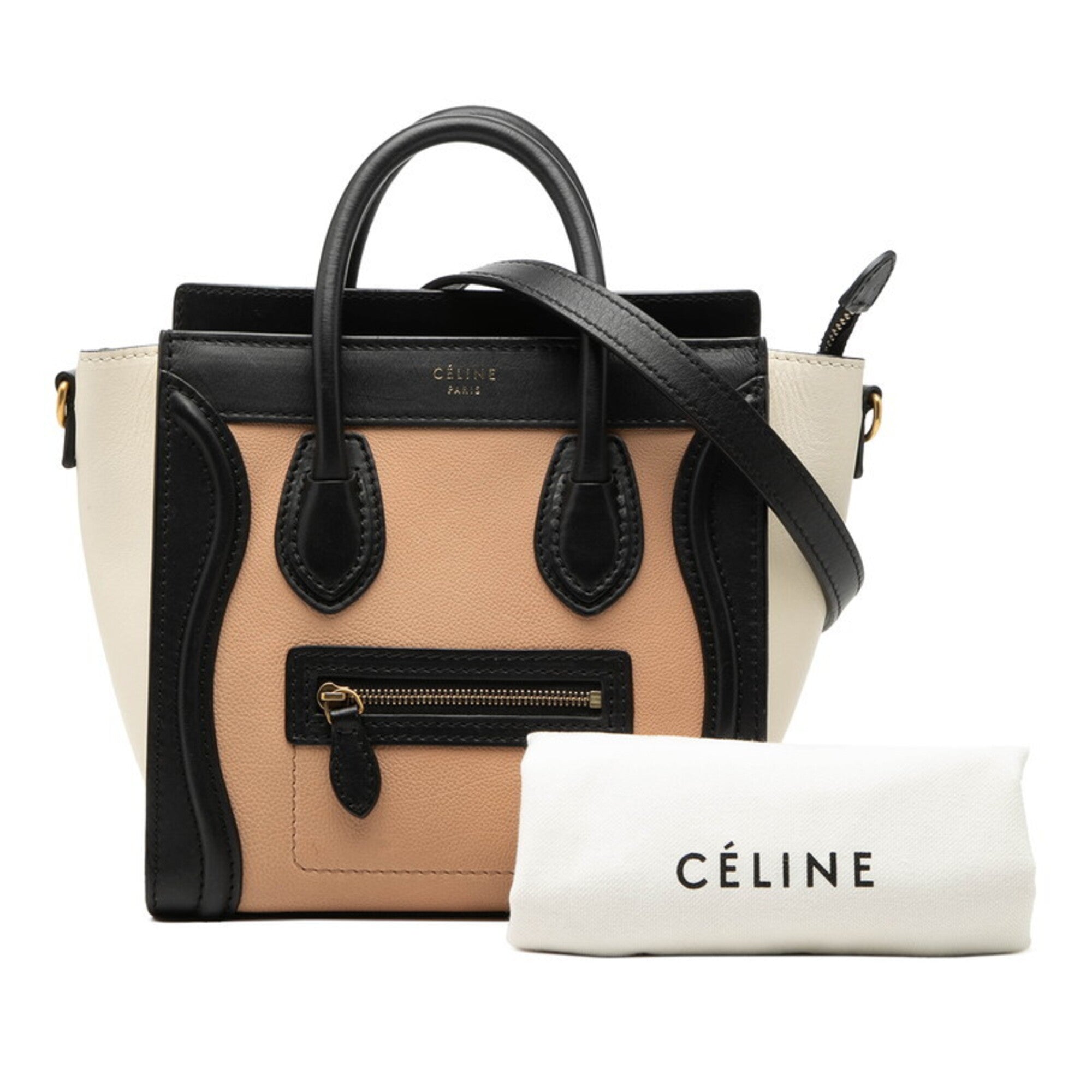 Celine Beige Black White Leather Handbag Shoulder Bag (Pre-Owned)