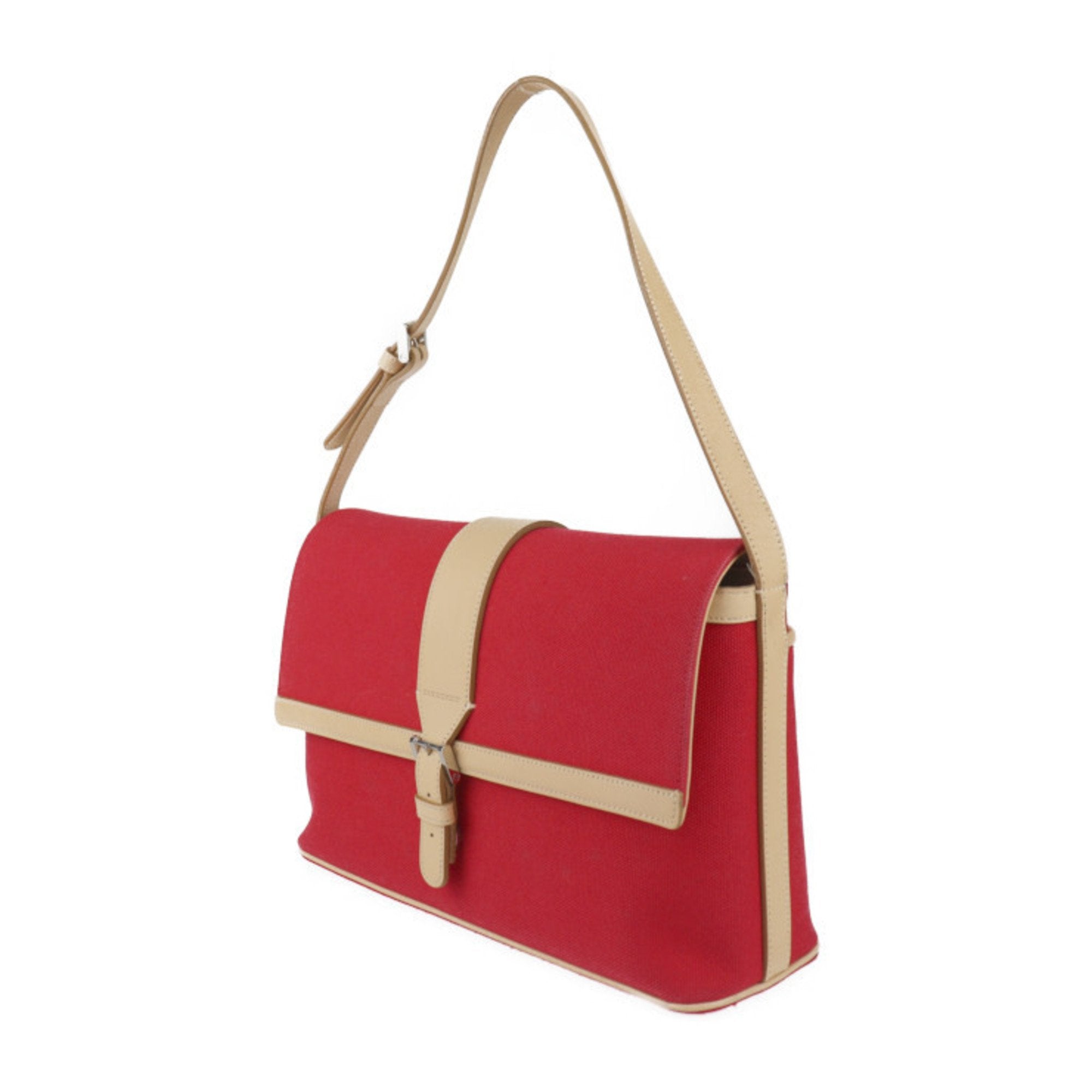 Burberry Beige Red Color Canvas Leather Handbag Shoulder Bag Tote Bag (Pre-Owned)