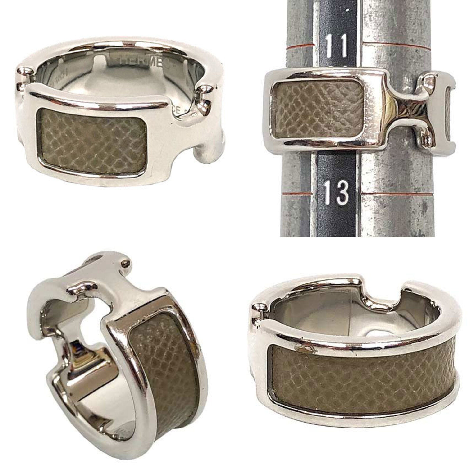 Hermes Silver Etoupe Gray Leather Metal Band Ring (Pre-Owned)