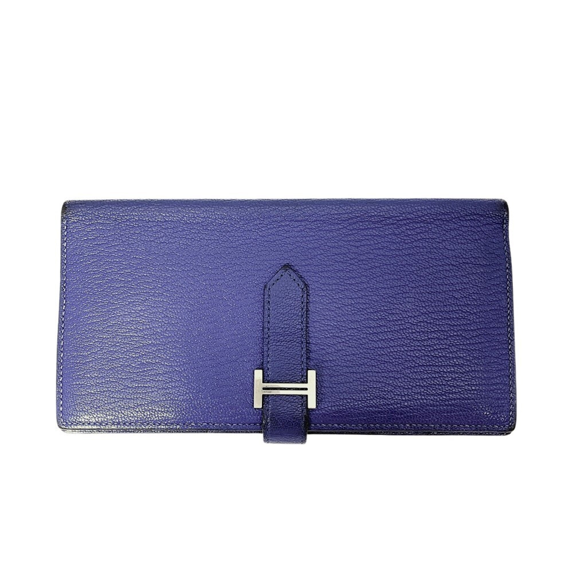 Hermes Blue Chevre Leather Long Wallet (Bi-Fold) (Pre-Owned)