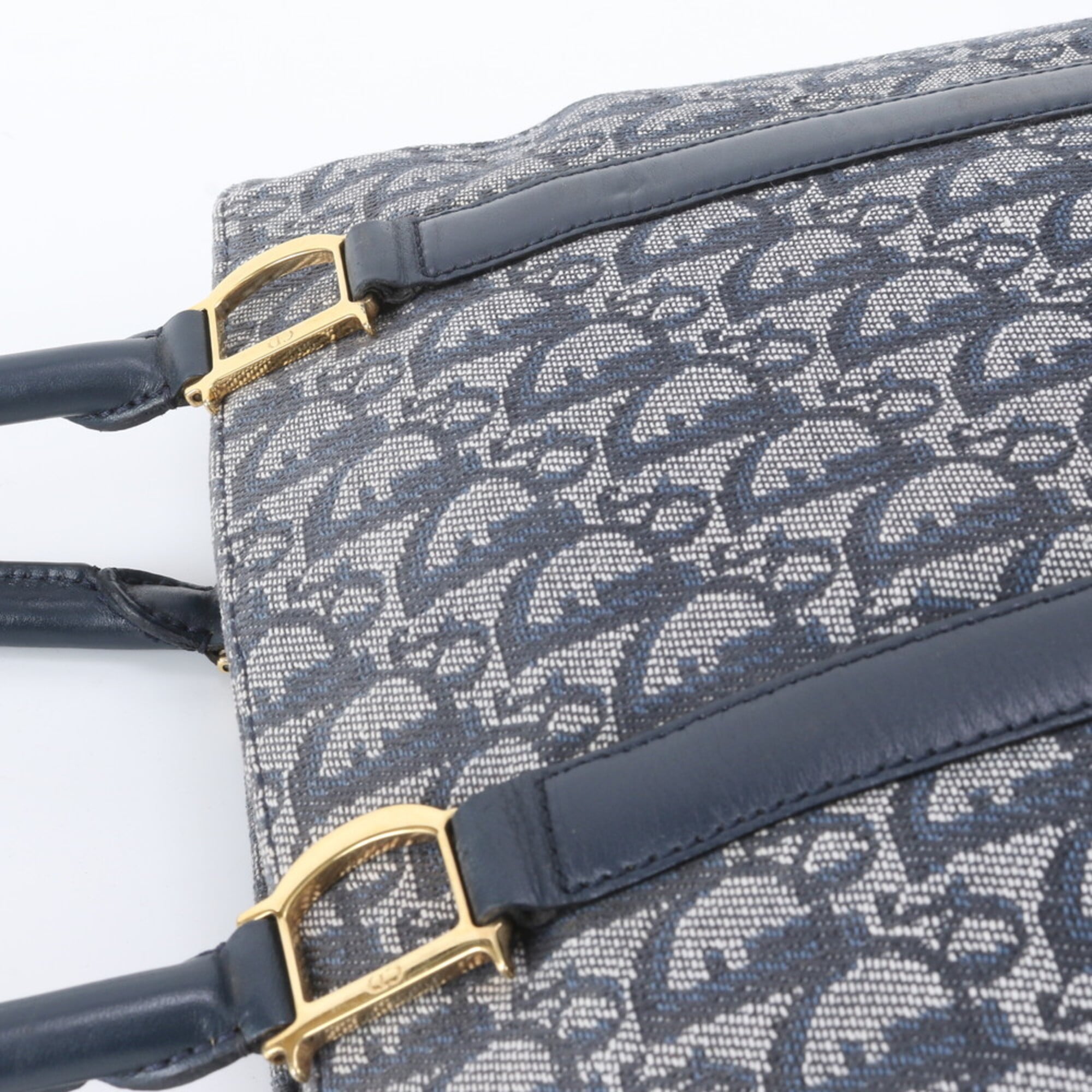 Christian Dior Navy Leather Canvas Handbag Shoulder Bag Tote Bag (Pre-Owned)