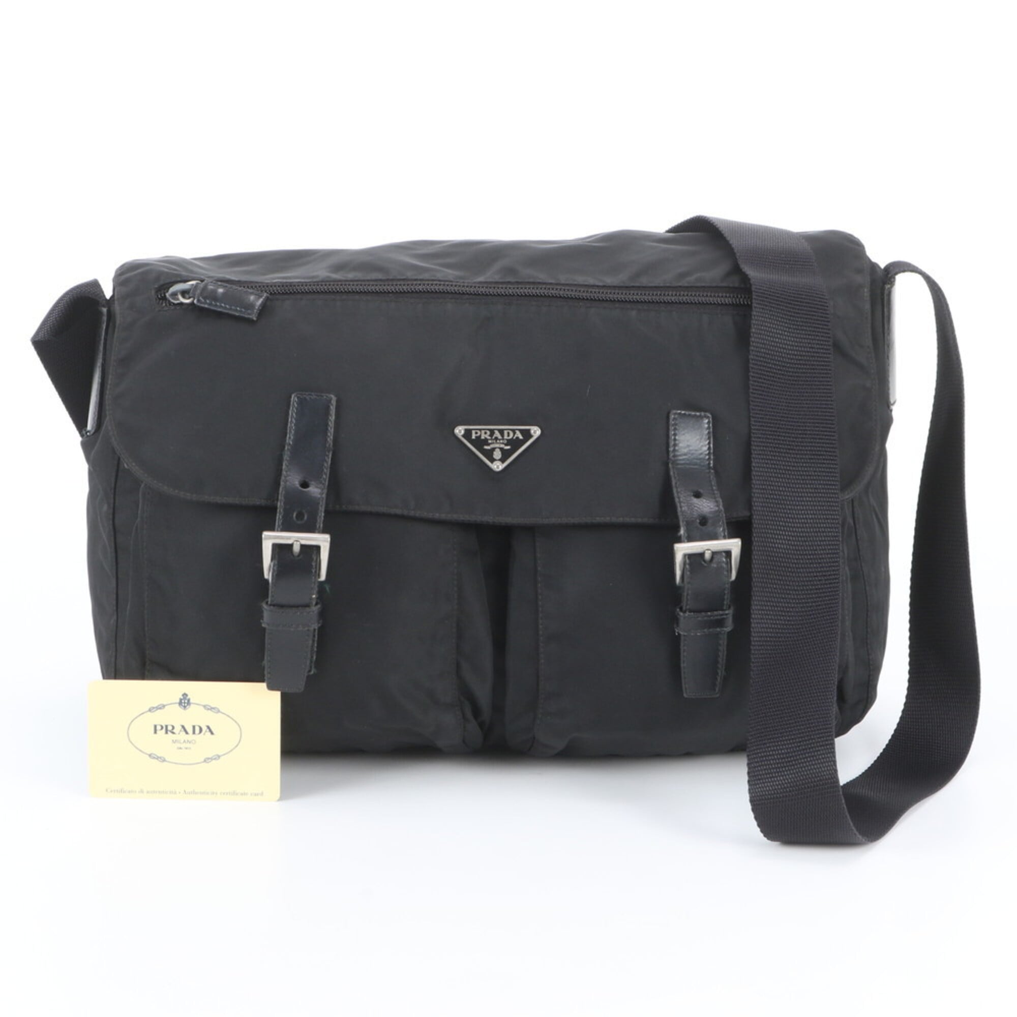 Prada Black Leather Nylon Messenger Bag Shoulder Bag (Pre-Owned)