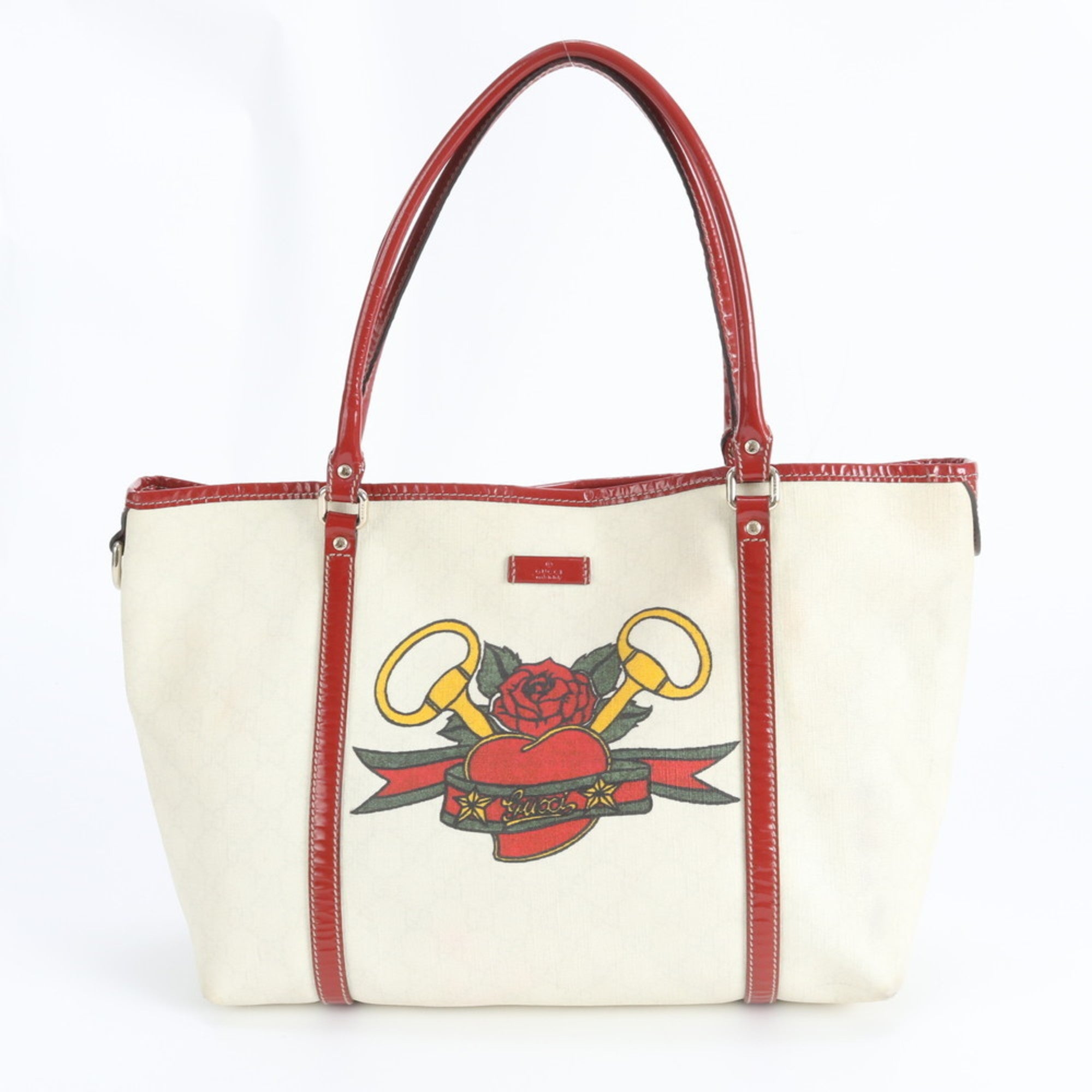 Gucci Off-White Red Color Coated Canvas Leather Handbag Tote Bag (Pre-Owned)