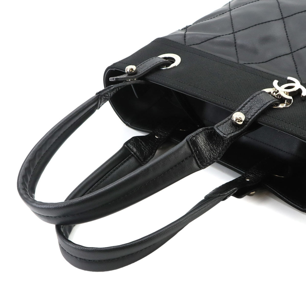 Chanel Paris Biarritz Black Nylon Pvc Leather Handbag Tote Bag (Pre-Owned)