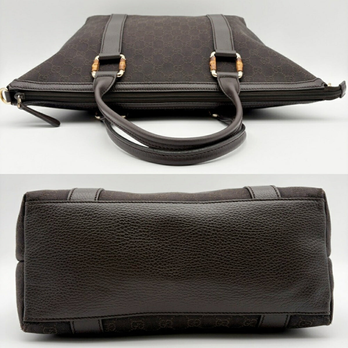 Gucci Dark Brown Canvas Bamboo Leather Tote Bag (Pre-Owned)