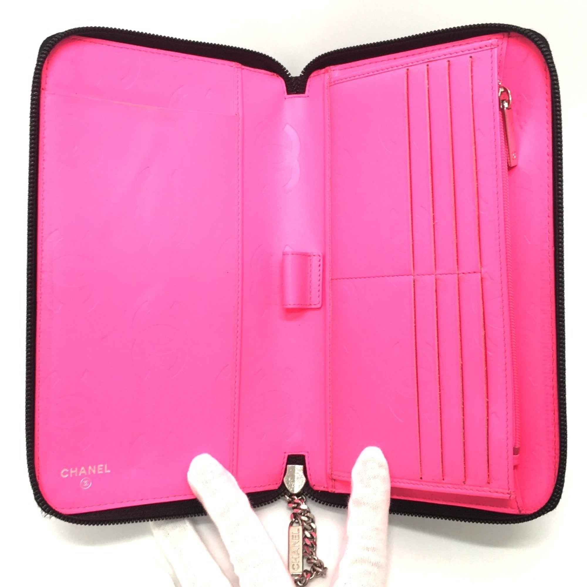 Chanel Cambon Black Pink Leather Long Wallet (Bi-Fold) (Pre-Owned)