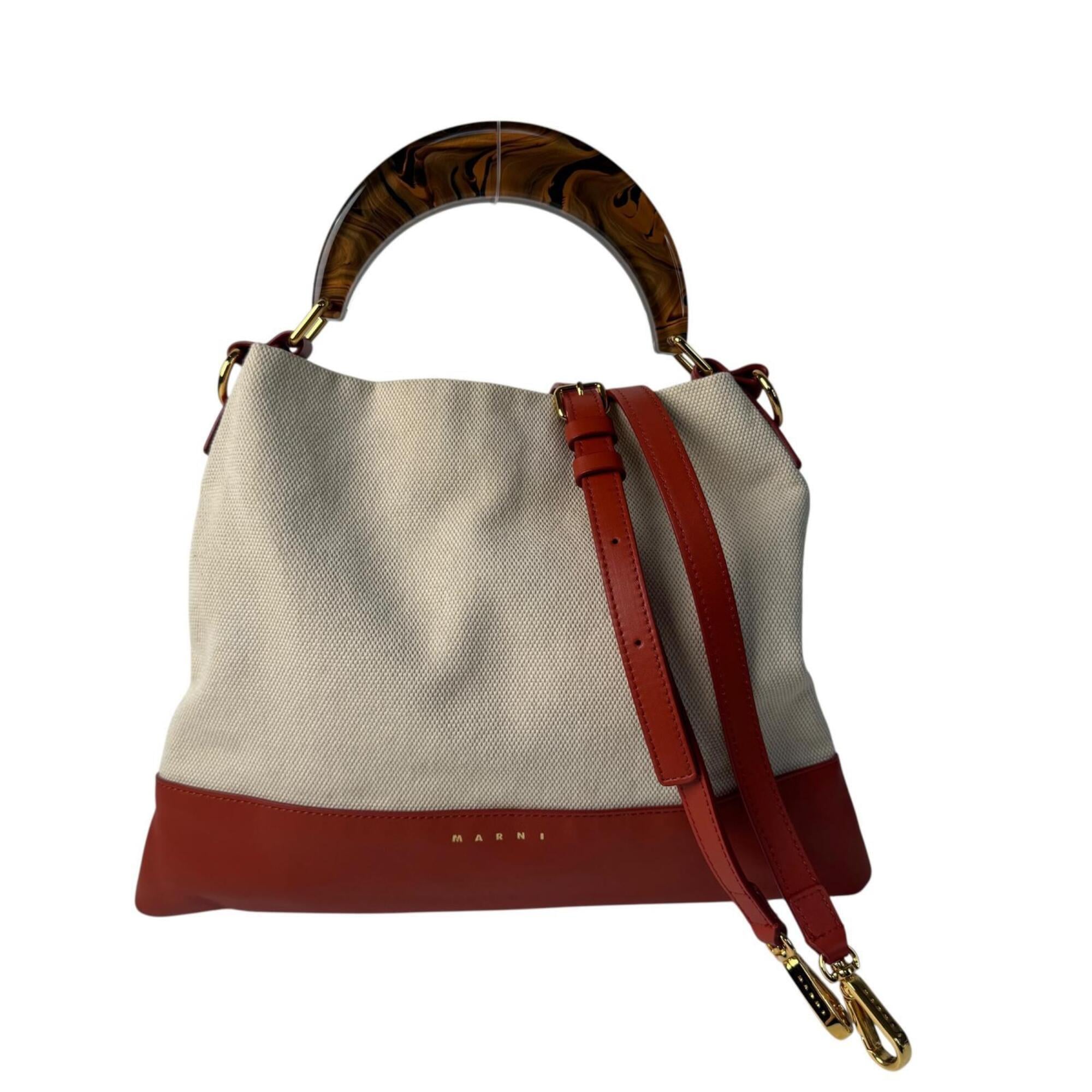 Marni Beige Orange Red Color Canvas Leather Handbag Shoulder Bag (Pre-Owned)