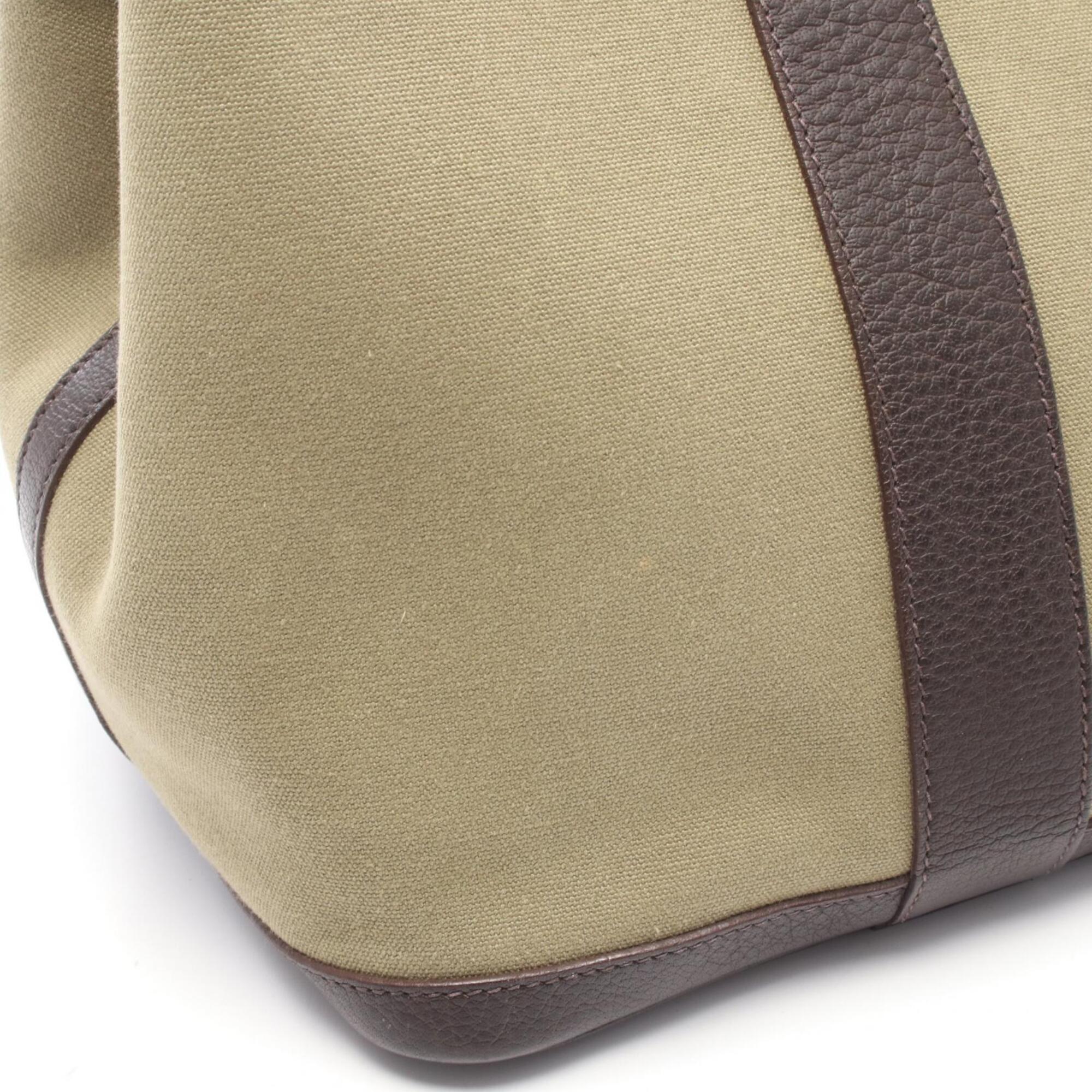 Hermes Brown Khaki Toile Officier Leather Handbag Tote Bag (Pre-Owned)