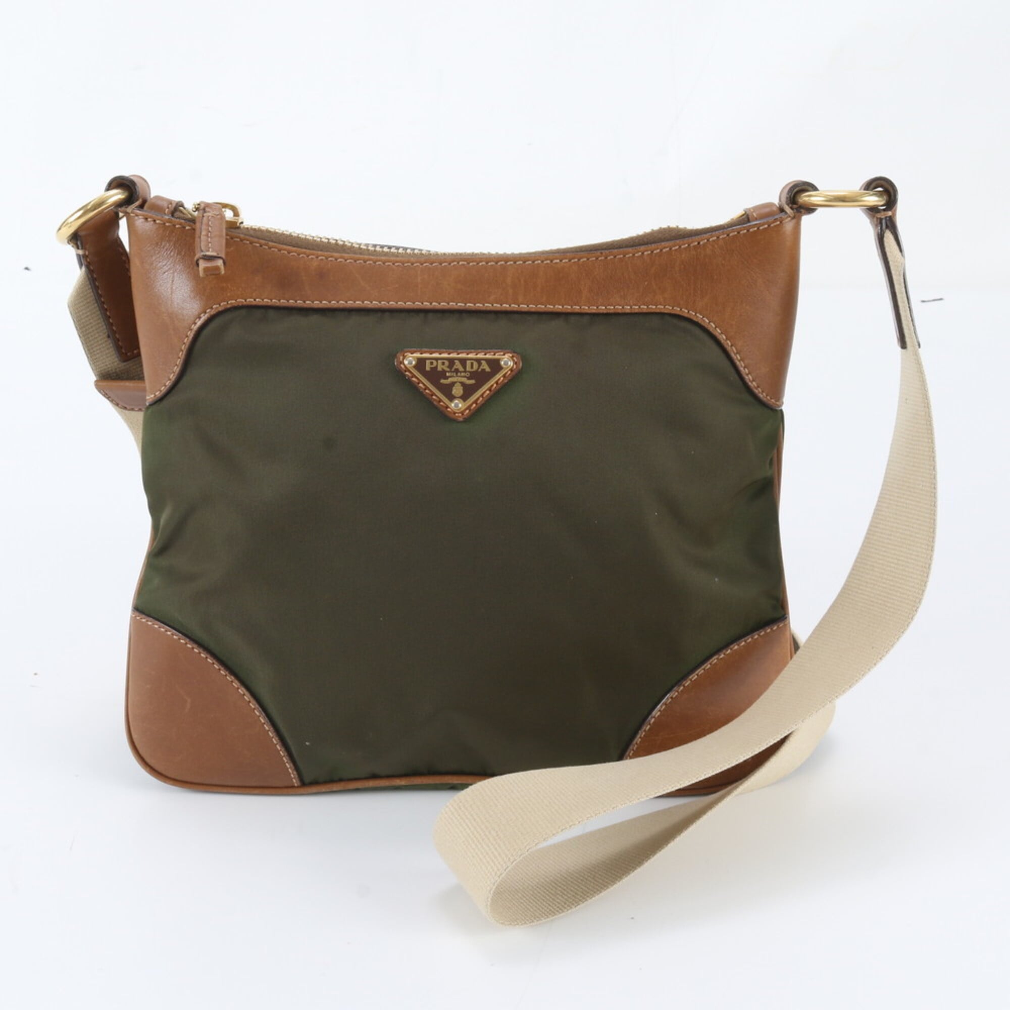 Prada Khaki Leather Nylon Messenger Bag Shoulder Bag (Pre-Owned)