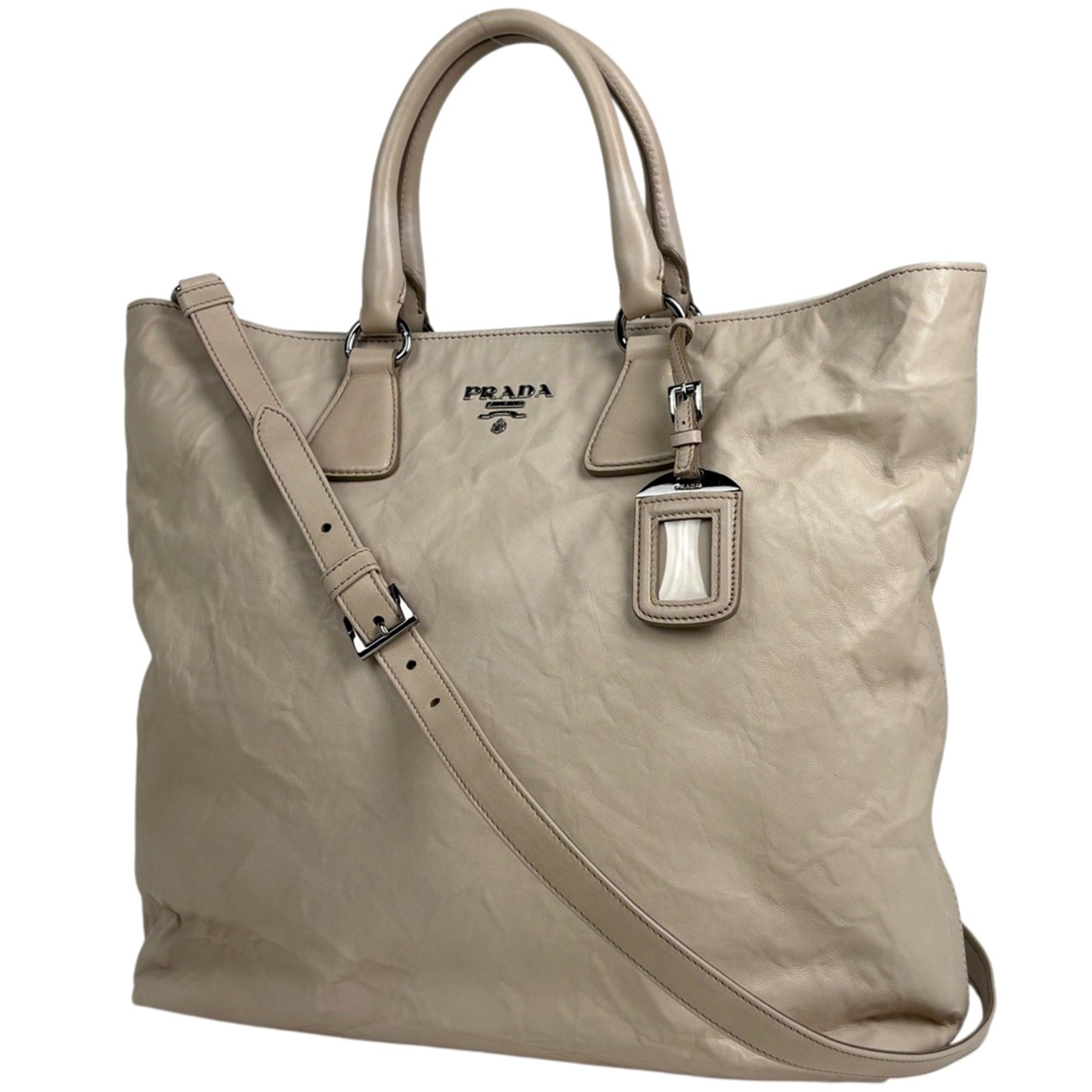 Prada Light Beige Leather Shoulder Bag Tote Bag (Pre-Owned)