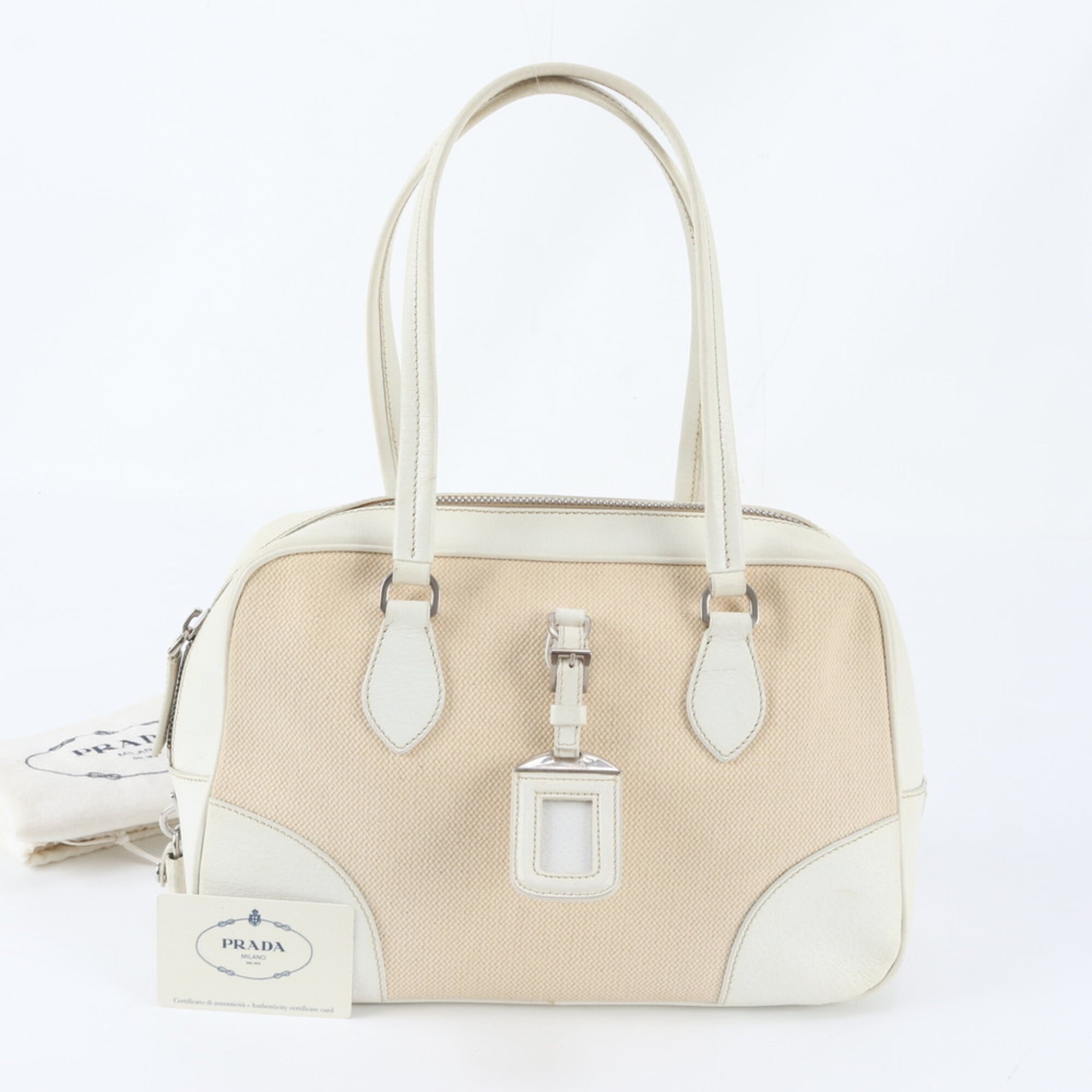 Prada Ivory Leather Canvas Handbag Tote Bag (Pre-Owned)