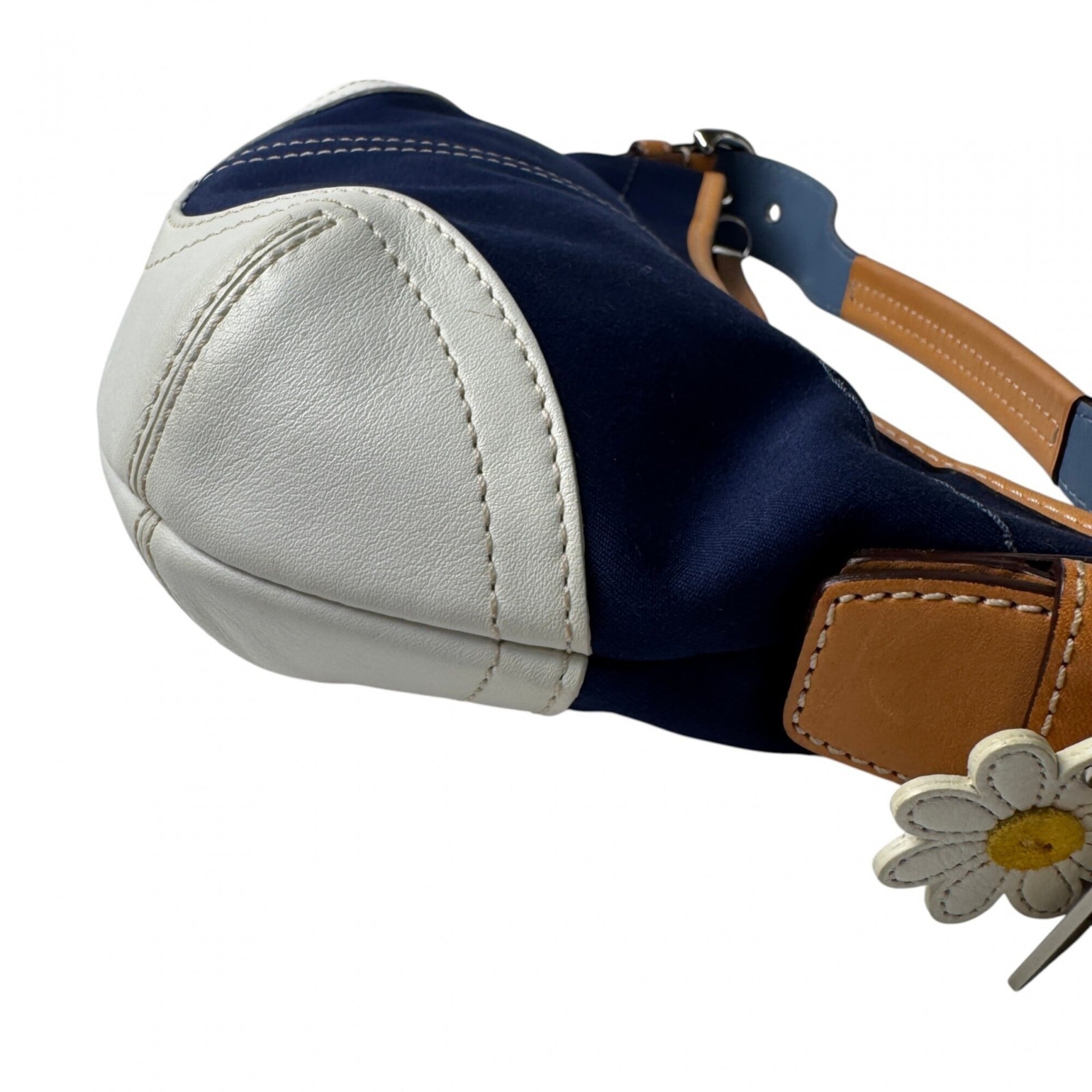 Coach Light Brown Navy White Canvas Leather Handbag (Pre-Owned)