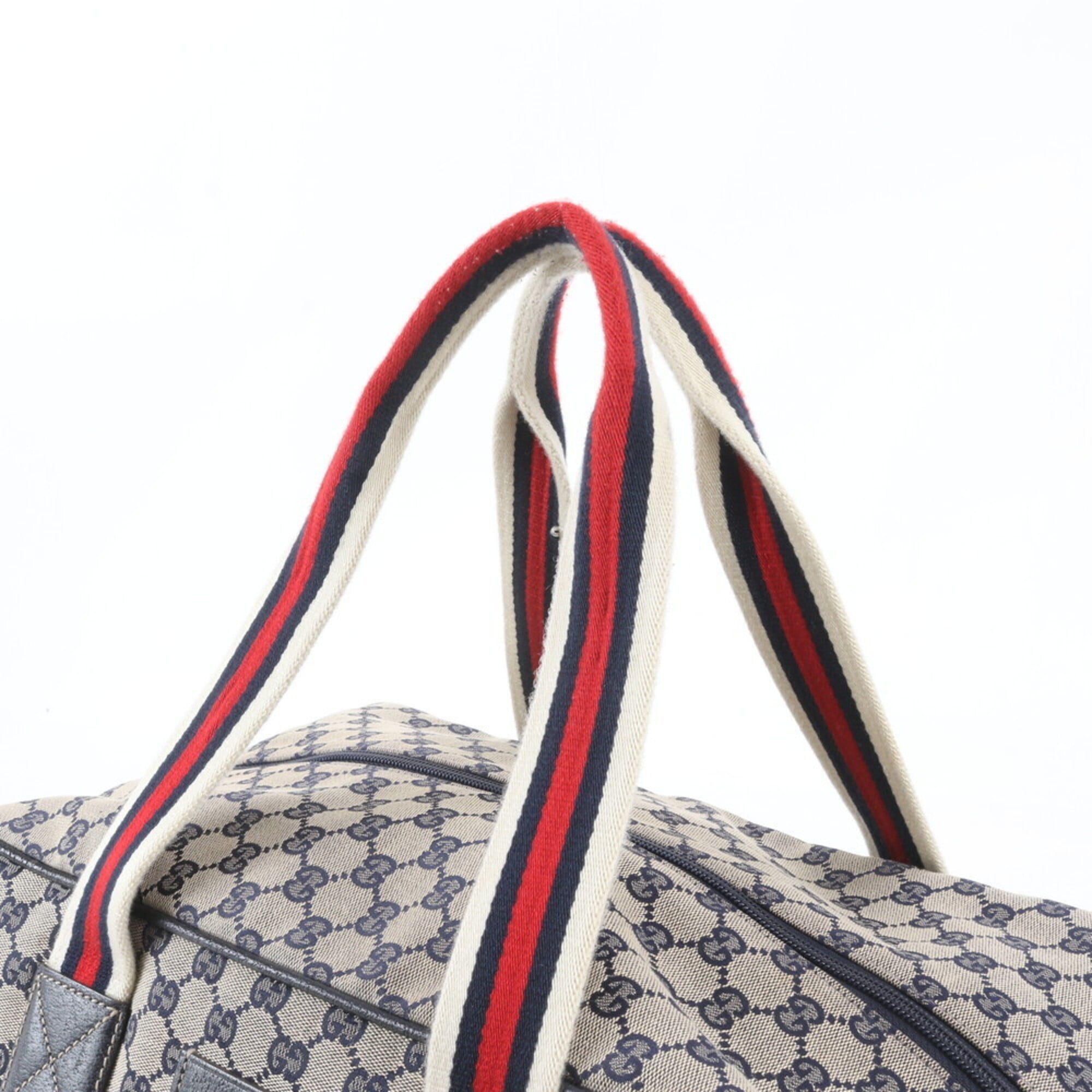 Gucci Beige Navy Leather Canvas Boston Bag Tote Bag (Pre-Owned)
