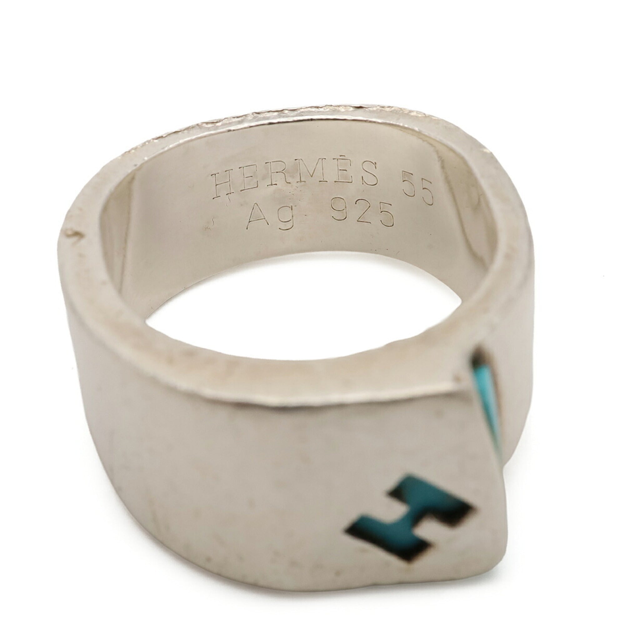 Hermes Silver Blue Silver 925 Band Ring (Pre-Owned)