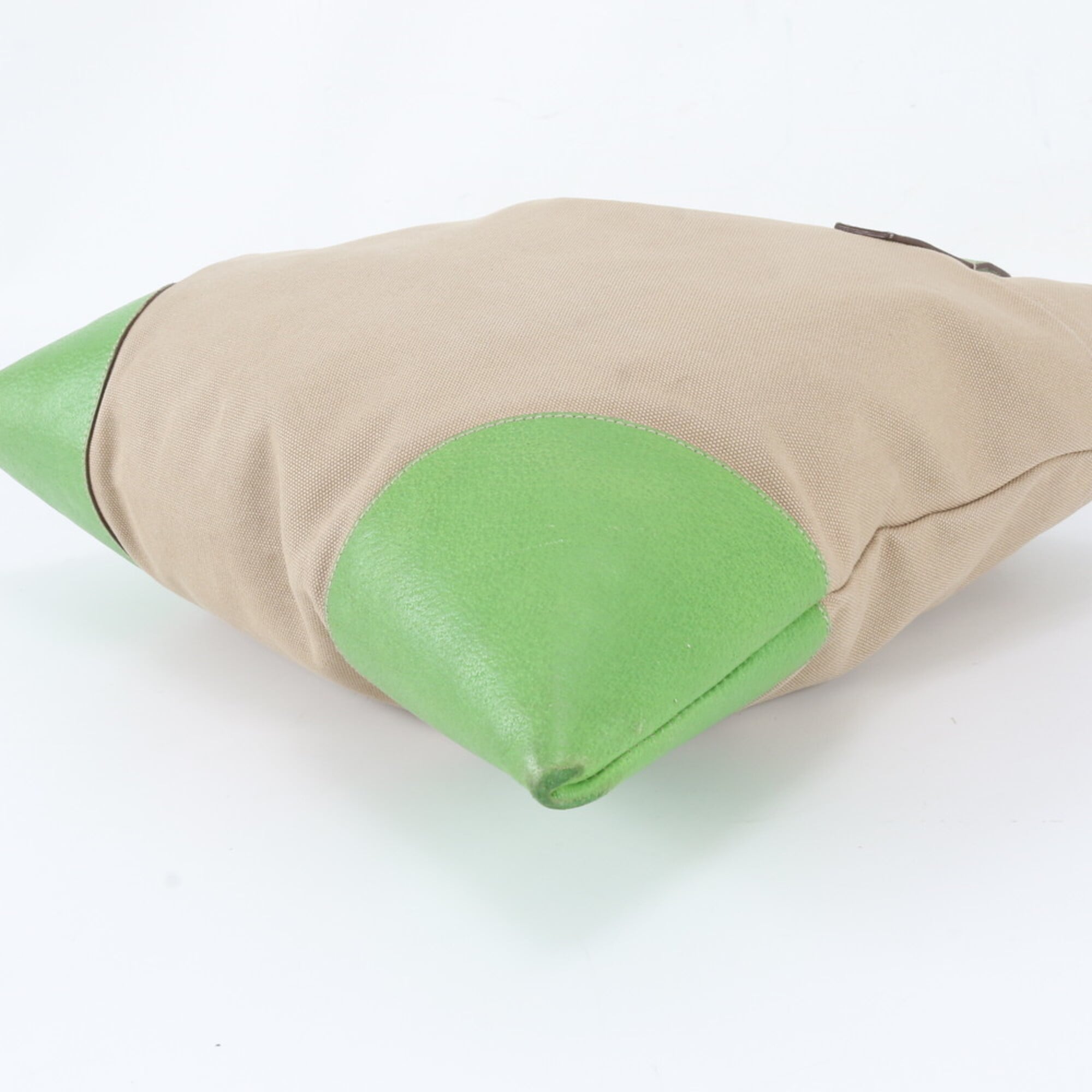 Prada Beige Green Canvas Leather Handbag Tote Bag (Pre-Owned)