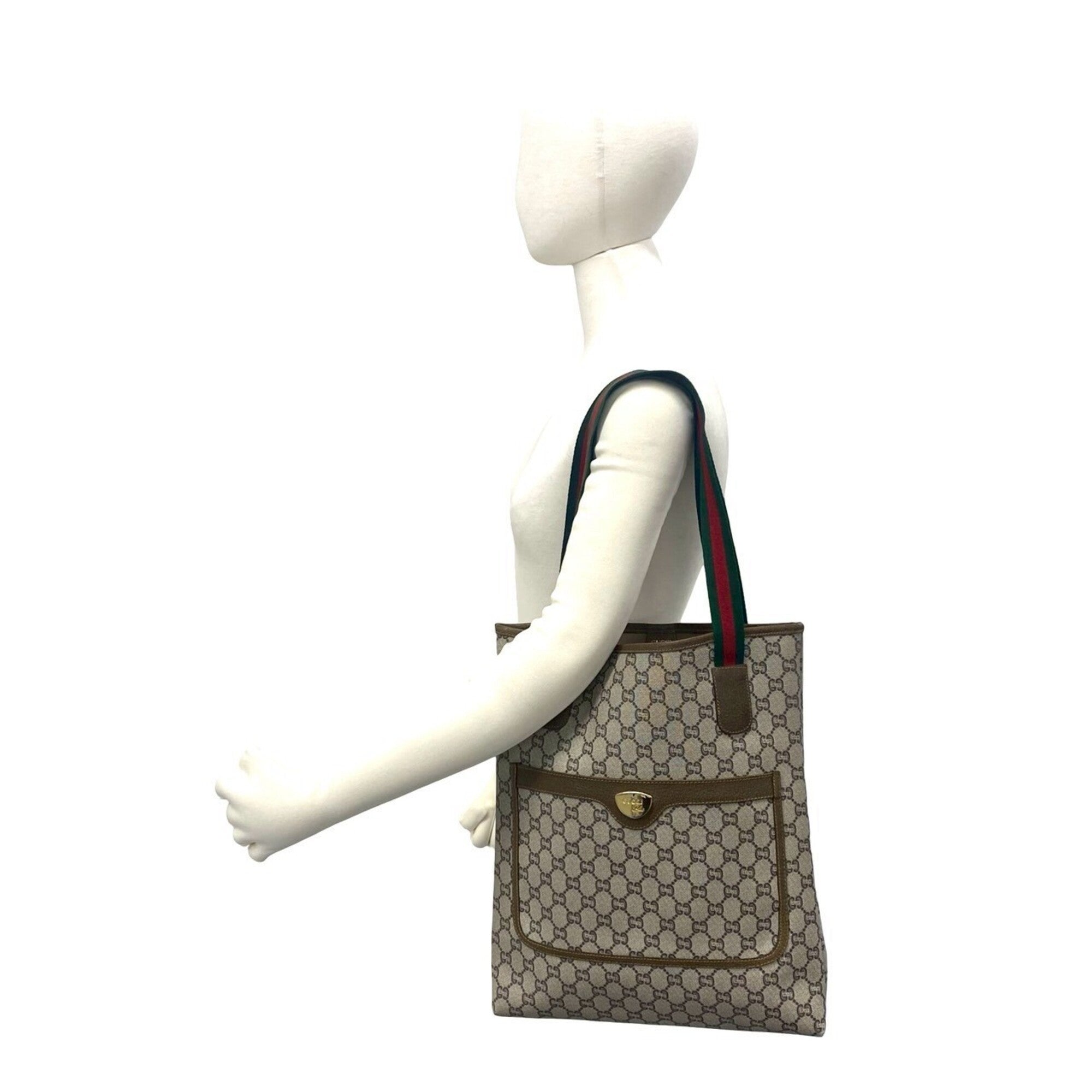 Gucci Brown Green Red Color Leather Pvc Tote Bag (Pre-Owned)