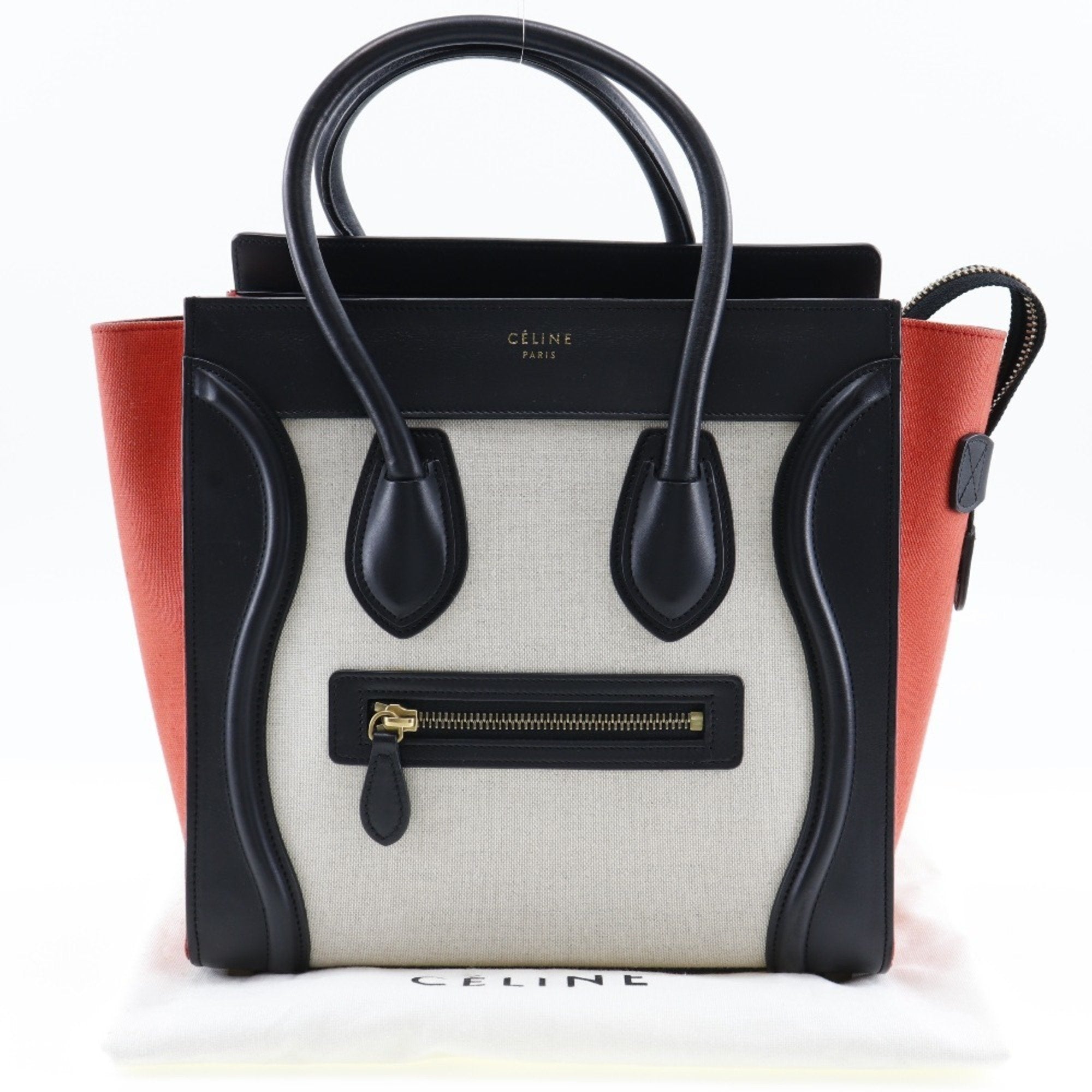 Celine Luggage Beige Black Orange Canvas Leather Handbag (Pre-Owned)