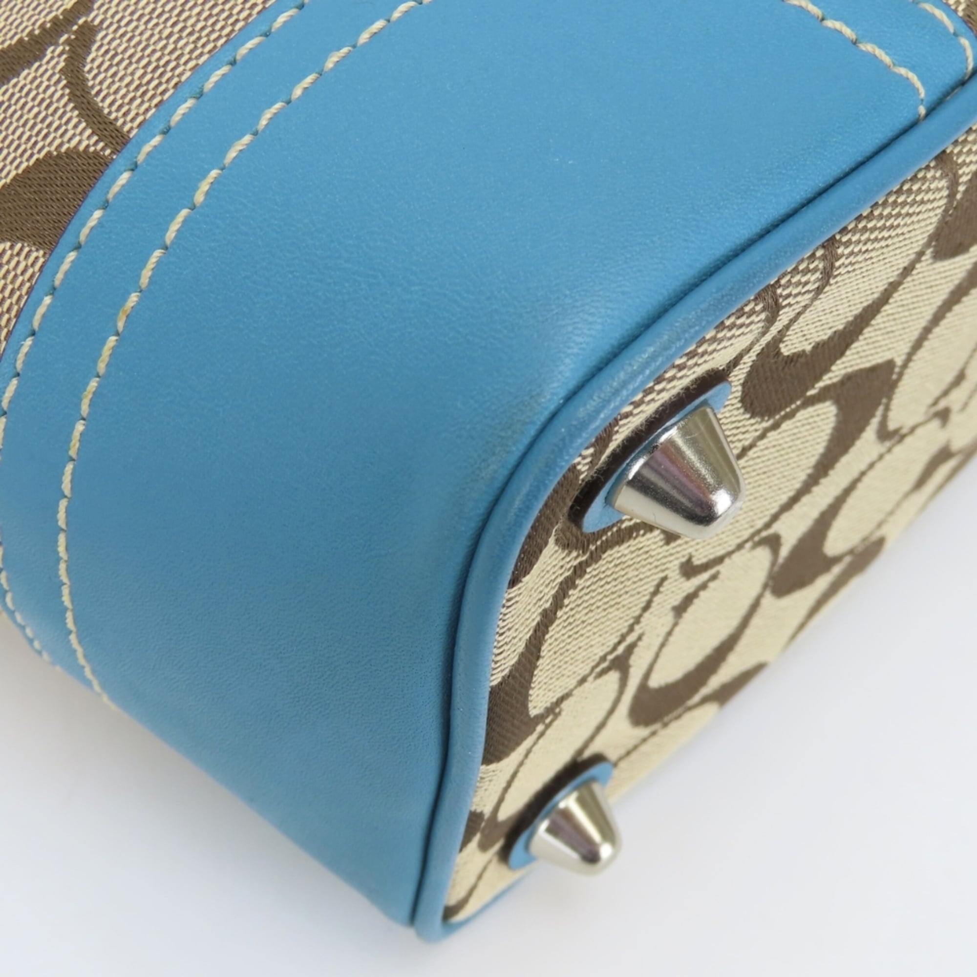 Coach Beige Blue Signature Line Canvas Leather Handbag (Pre-Owned)