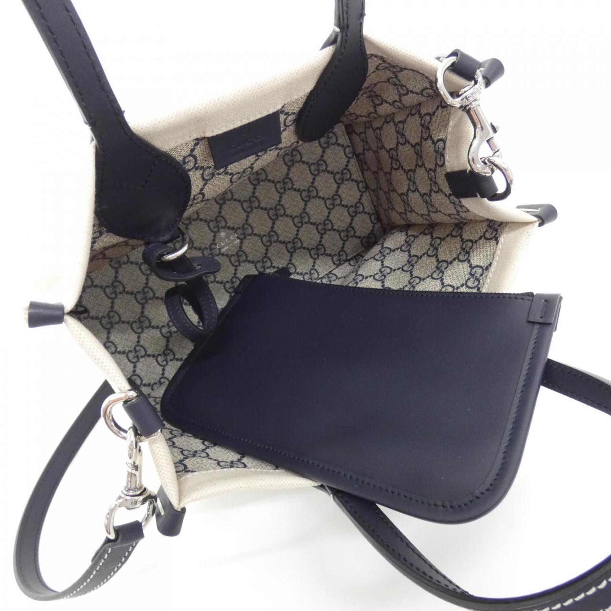Gucci Beige Dark Blue Cotton Leather Handbag Pouch (Pre-Owned)