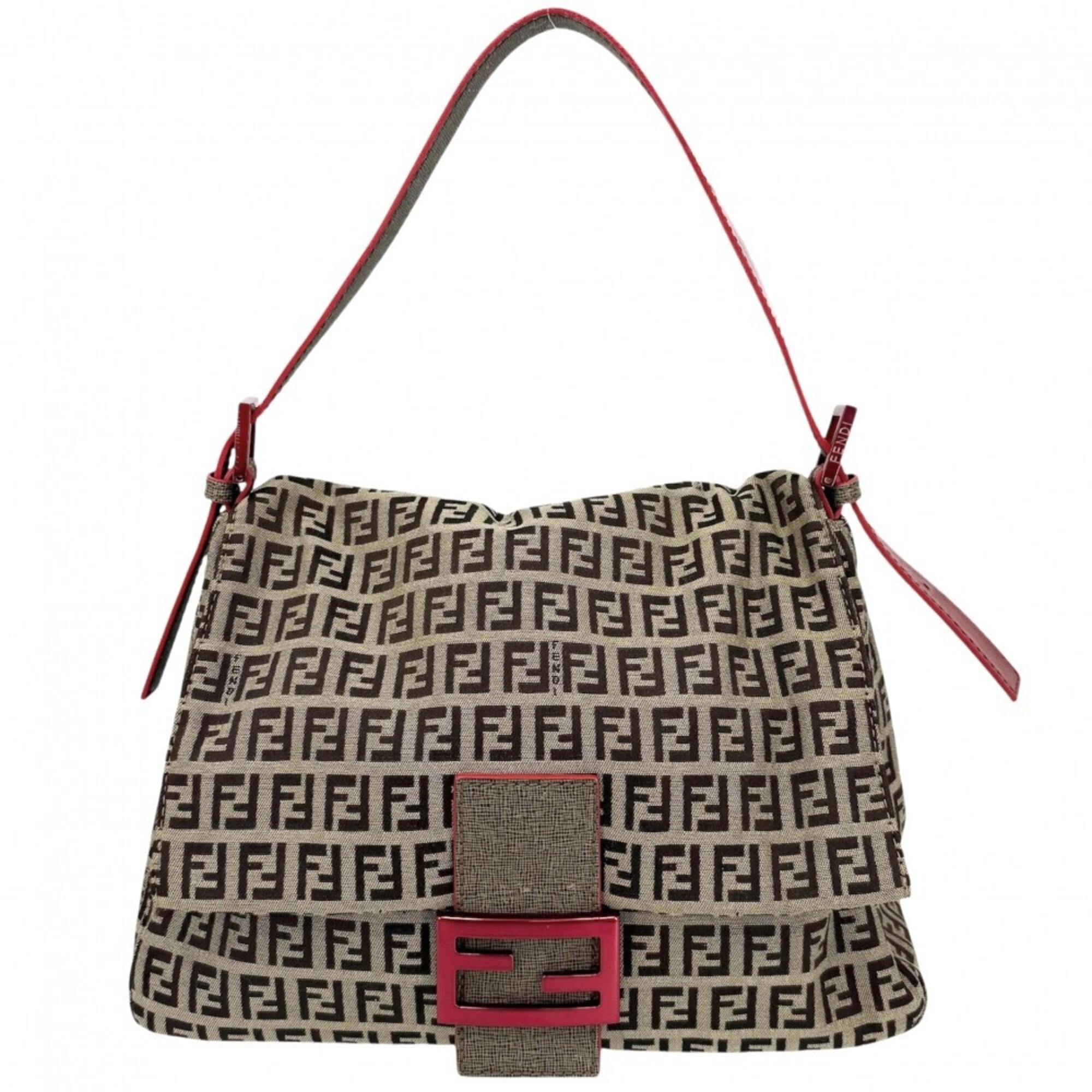 Fendi Brown Red Color Canvas Leather Shoulder Bag (Pre-Owned)