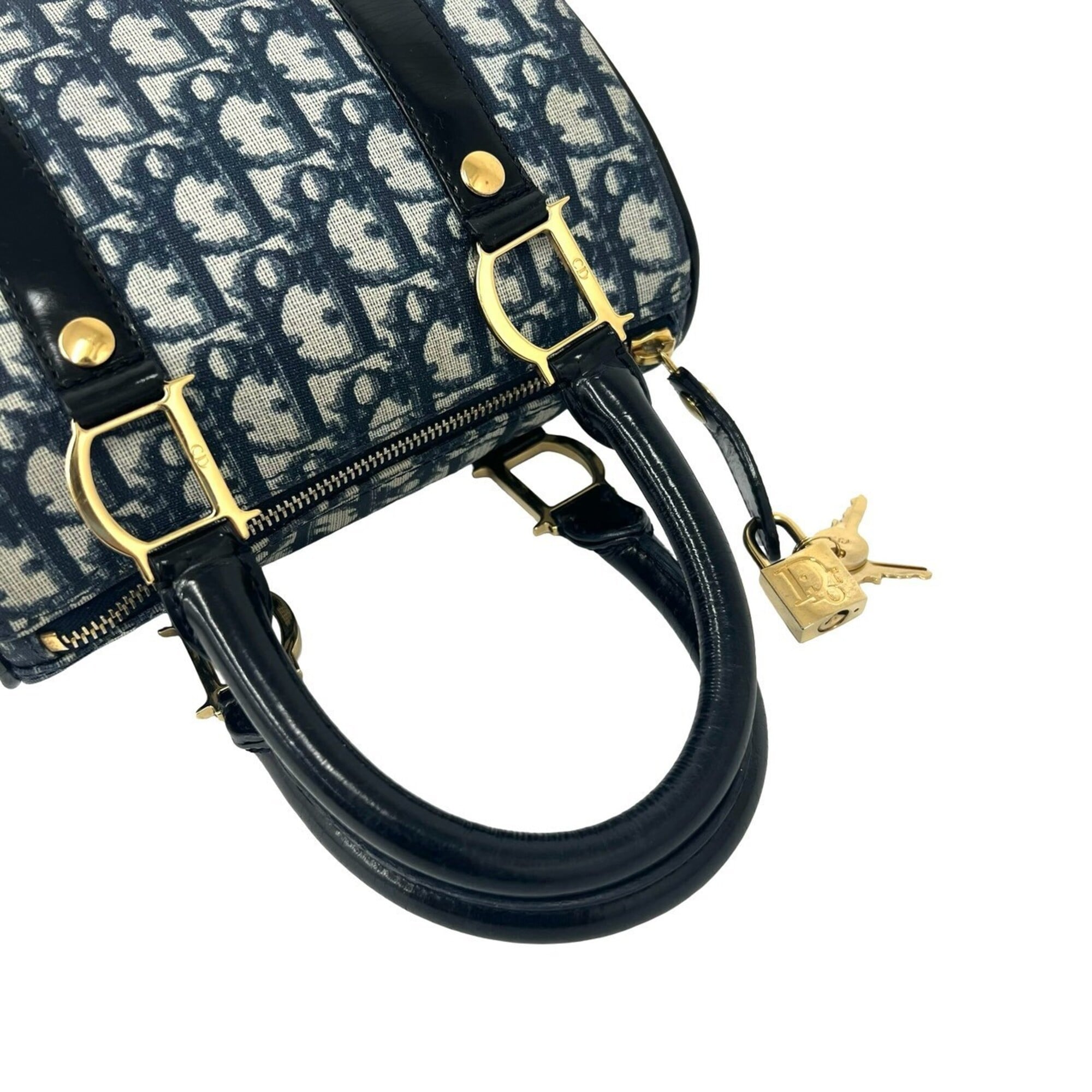 Christian Dior Black Navy Leather Pvc Boston Bag Handbag (Pre-Owned)