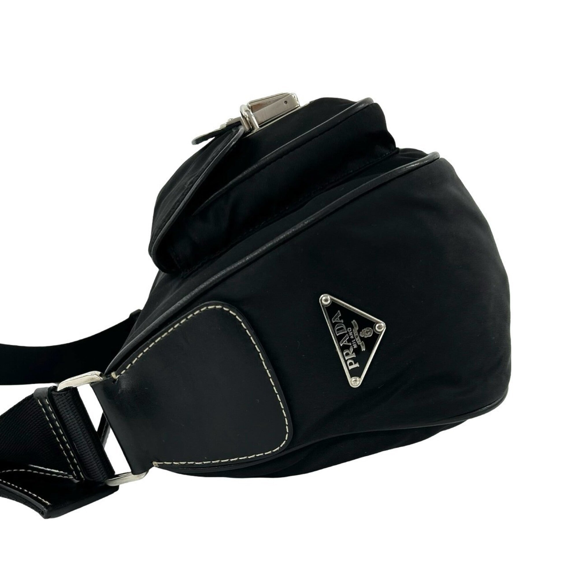 Prada Black Leather Nylon Handbag Shoulder Bag (Pre-Owned)