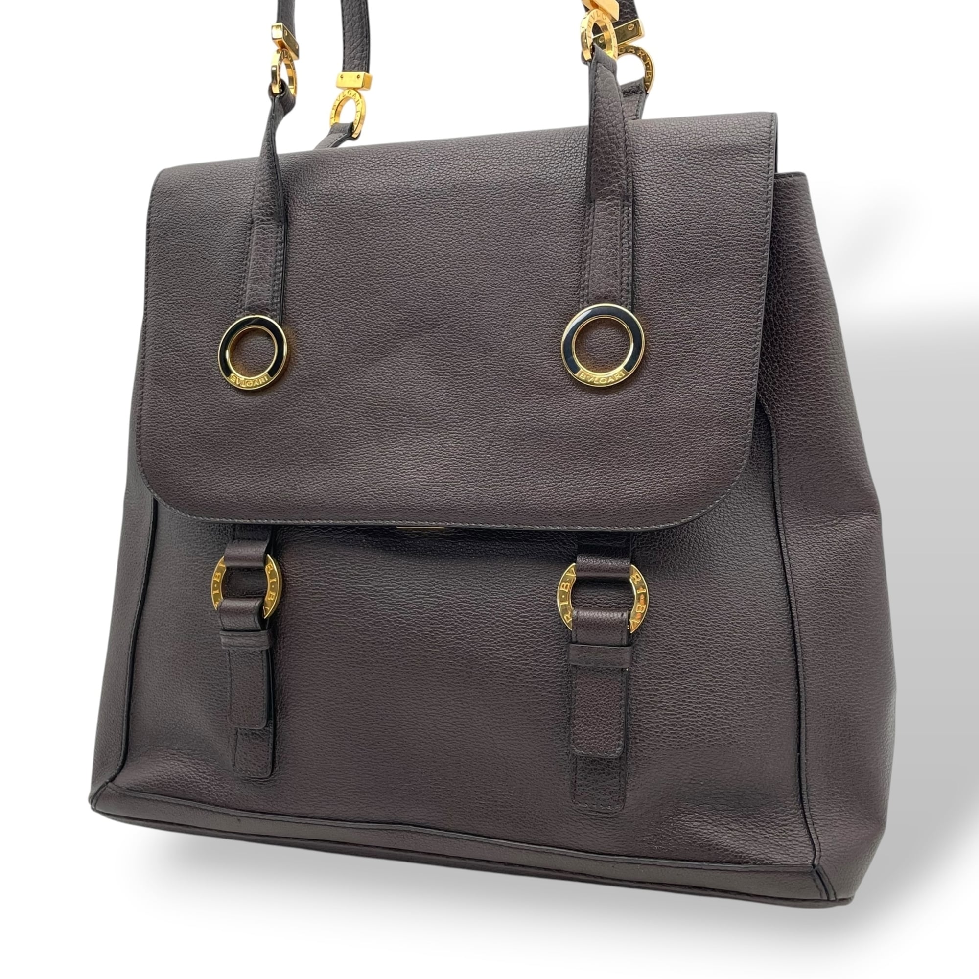 Bvlgari Dark Brown Leather Handbag Tote Bag (Pre-Owned)