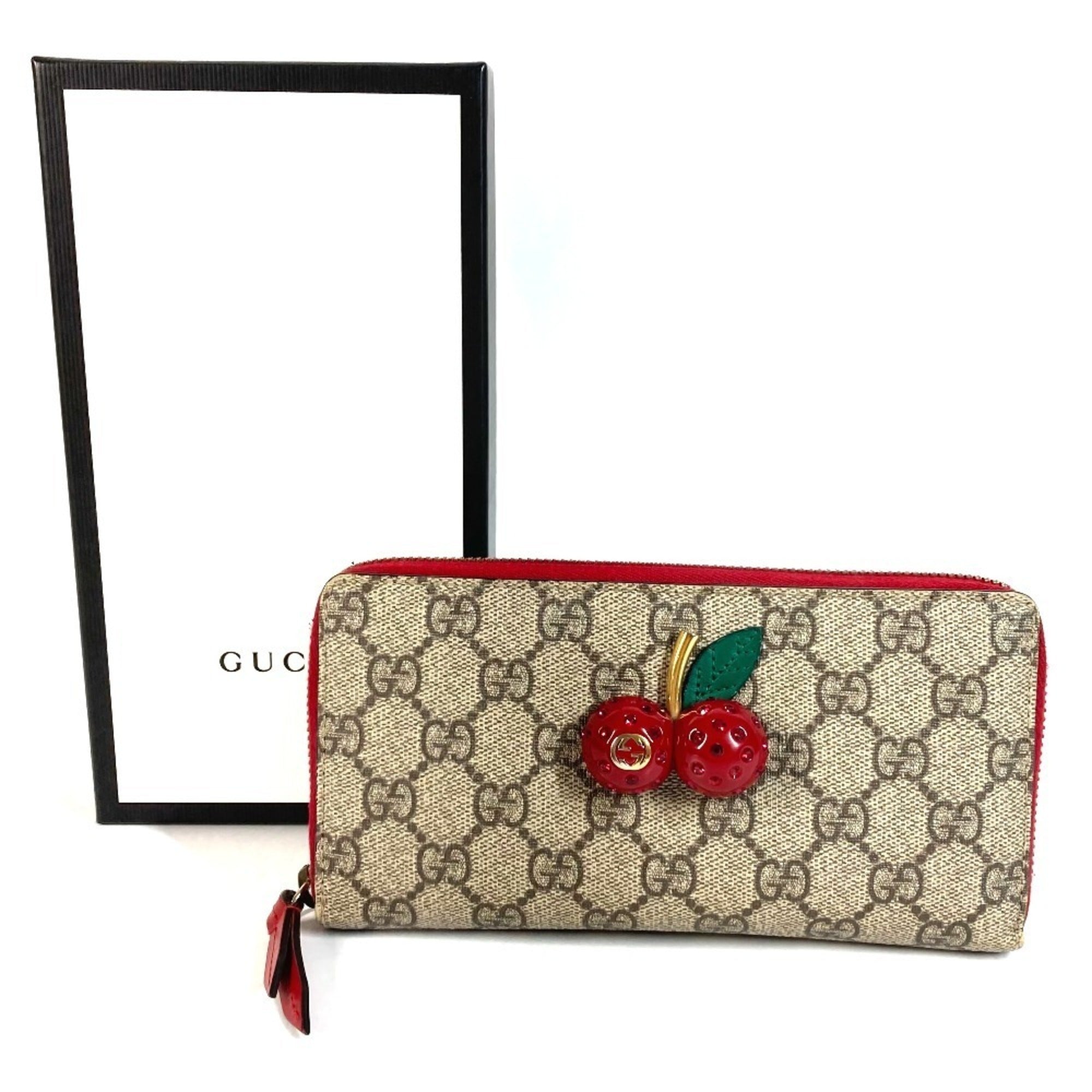Gucci Gg Supreme Beige Red Color Gg Supreme Leather Long Wallet (Bi-Fold) (Pre-Owned)
