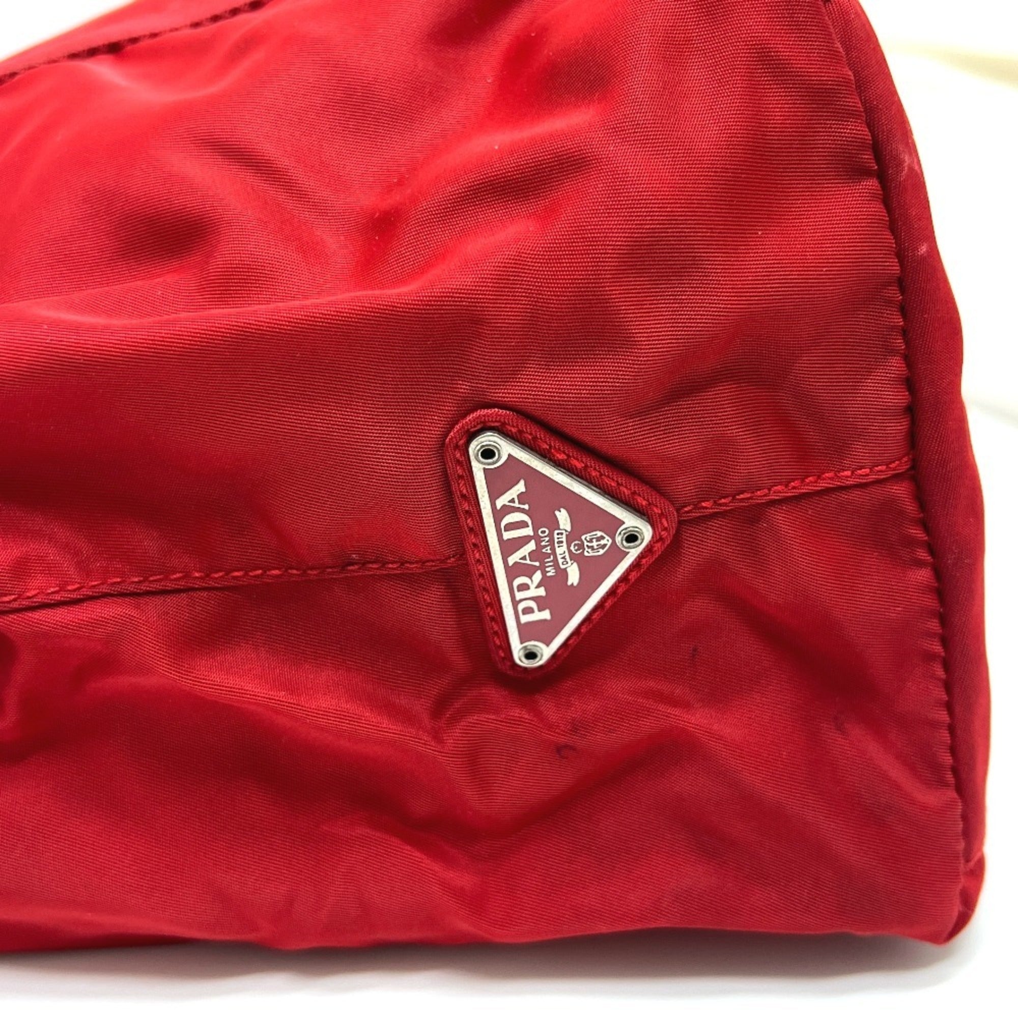 Prada Red Color Nylon Handbag Tote Bag (Pre-Owned)