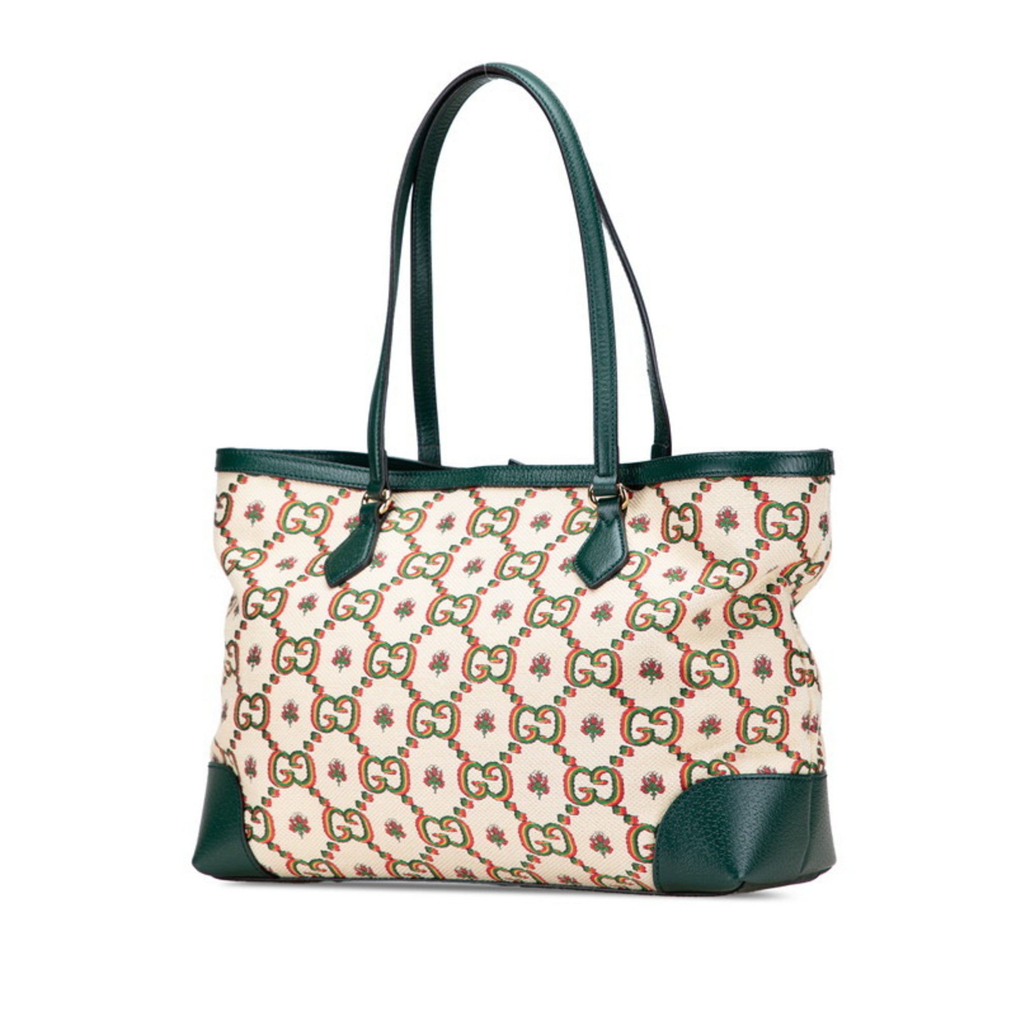 Gucci Ophidia Beige Green Multi-Color Canvas Leather Tote Bag (Pre-Owned)
