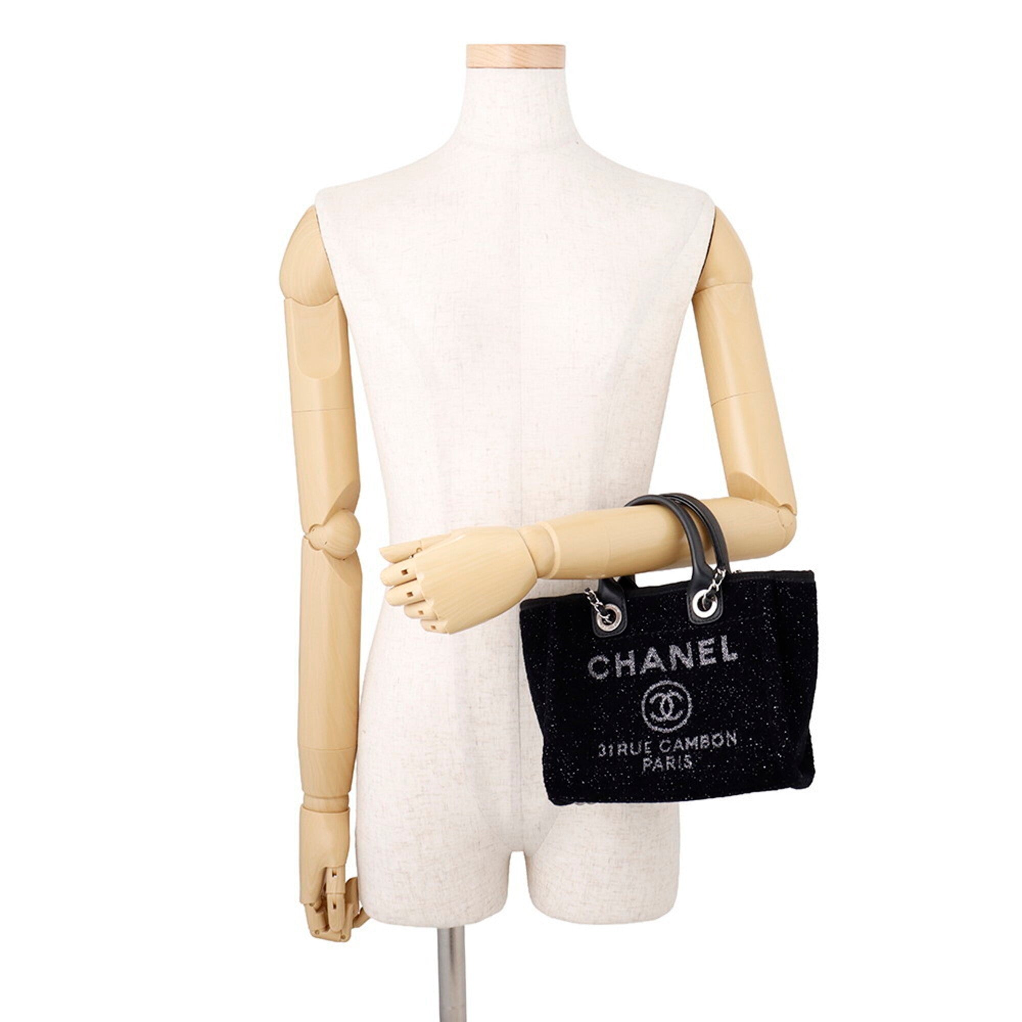 Chanel Black Canvas Leather Handbag Shoulder Bag Tote Bag (Pre-Owned)