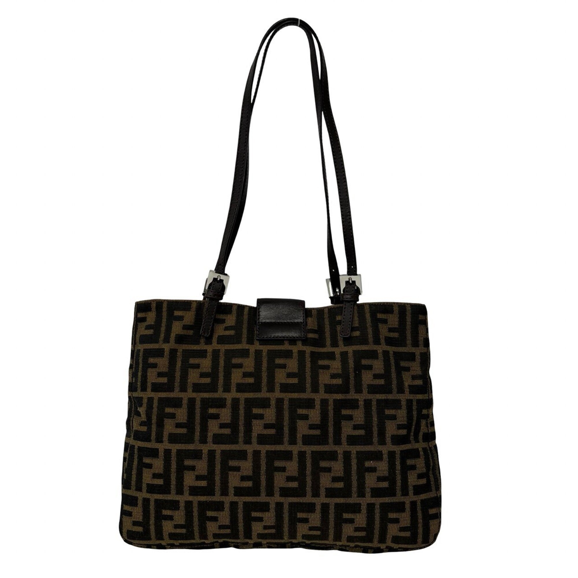 Fendi Black Brown Canvas Leather Handbag Shoulder Bag Tote Bag (Pre-Owned)
