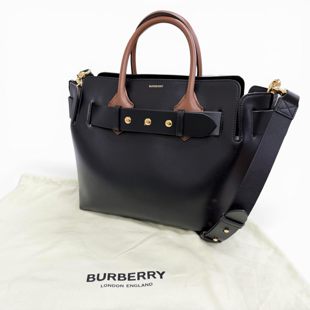 Burberry Black Brown Leather Cotton Polyester Shoulder Bag Tote Bag (Pre-Owned)