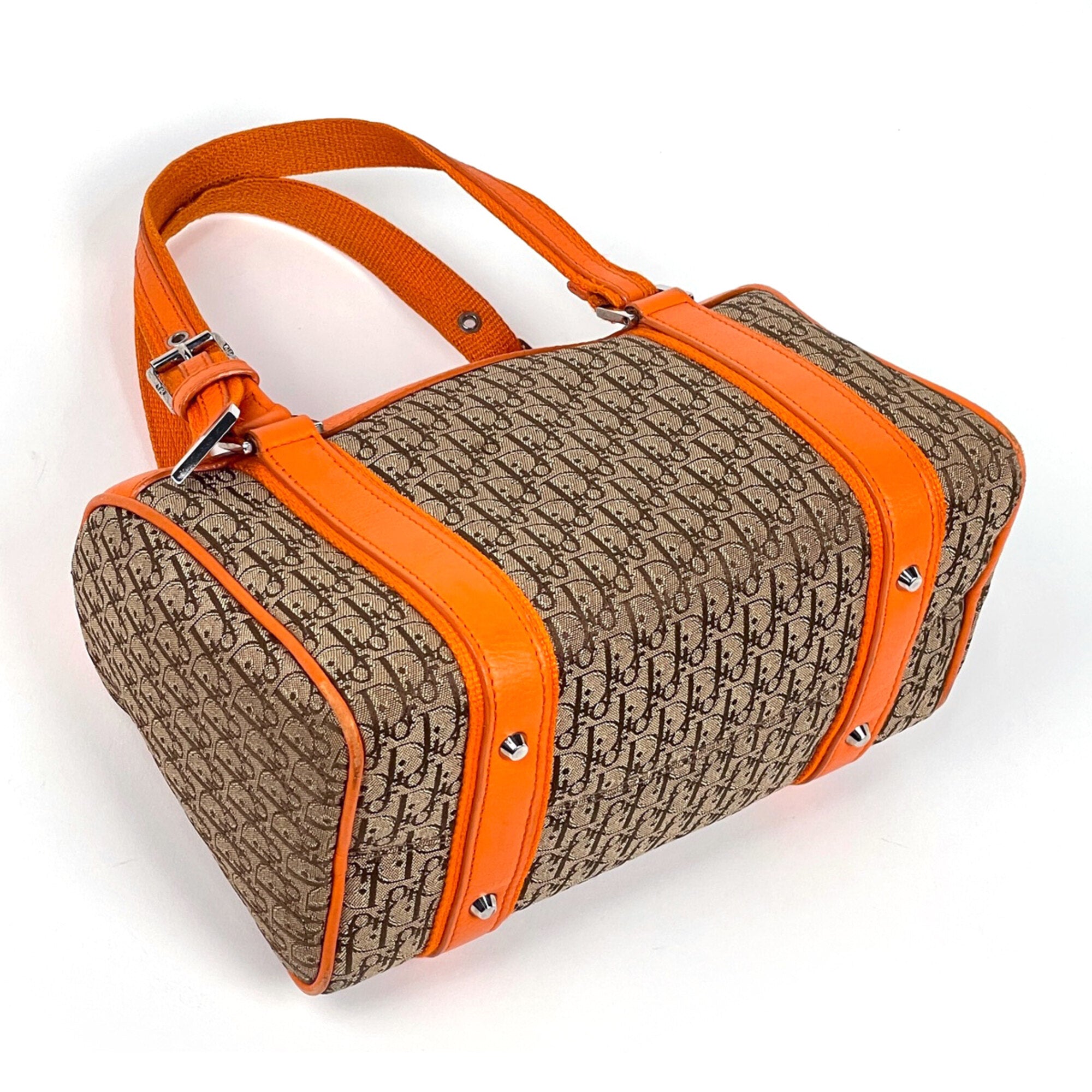 Christian Dior Beige Orange Canvas Leather Handbag (Pre-Owned)