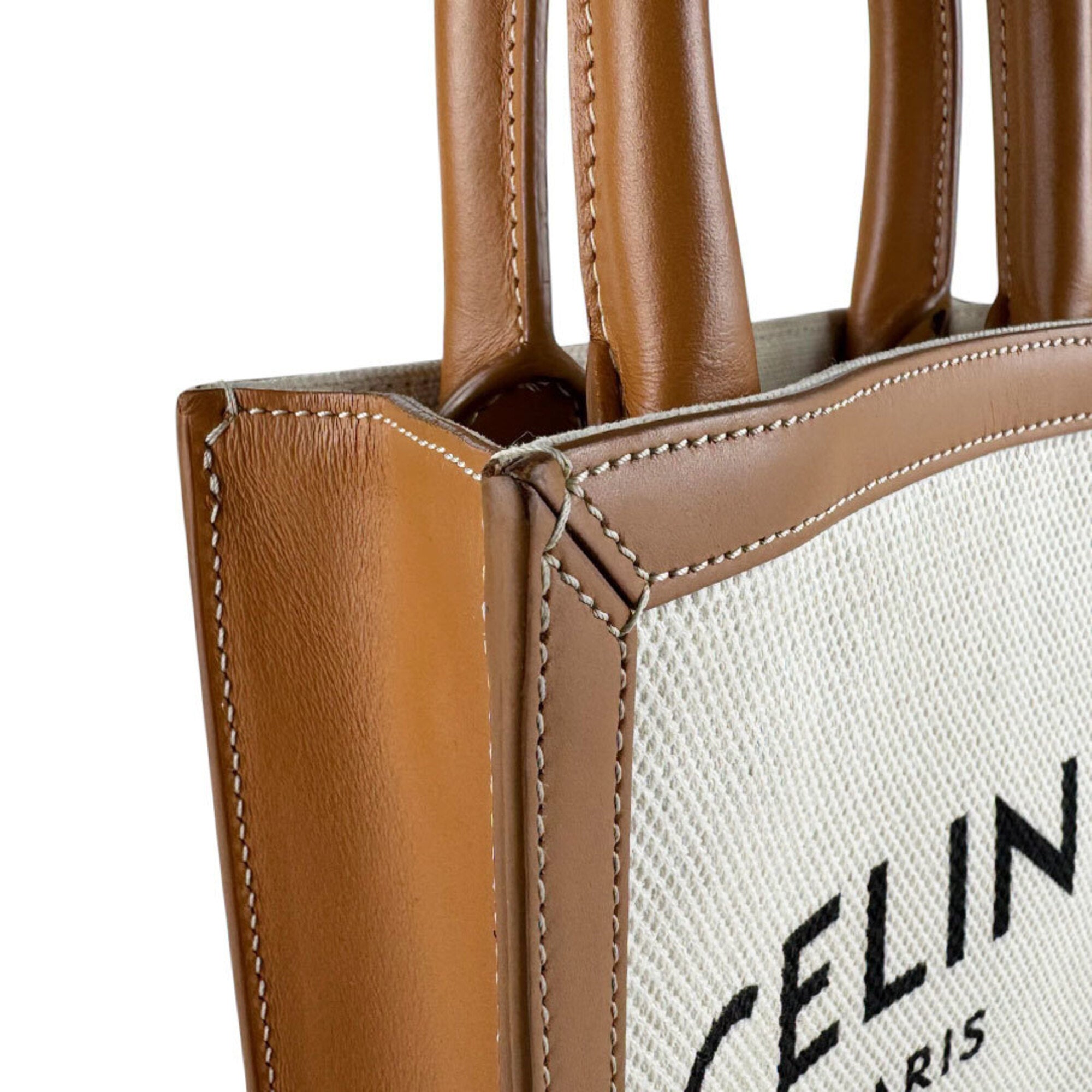 Celine Brown Ivory Canvas Leather Shoulder Bag (Pre-Owned)