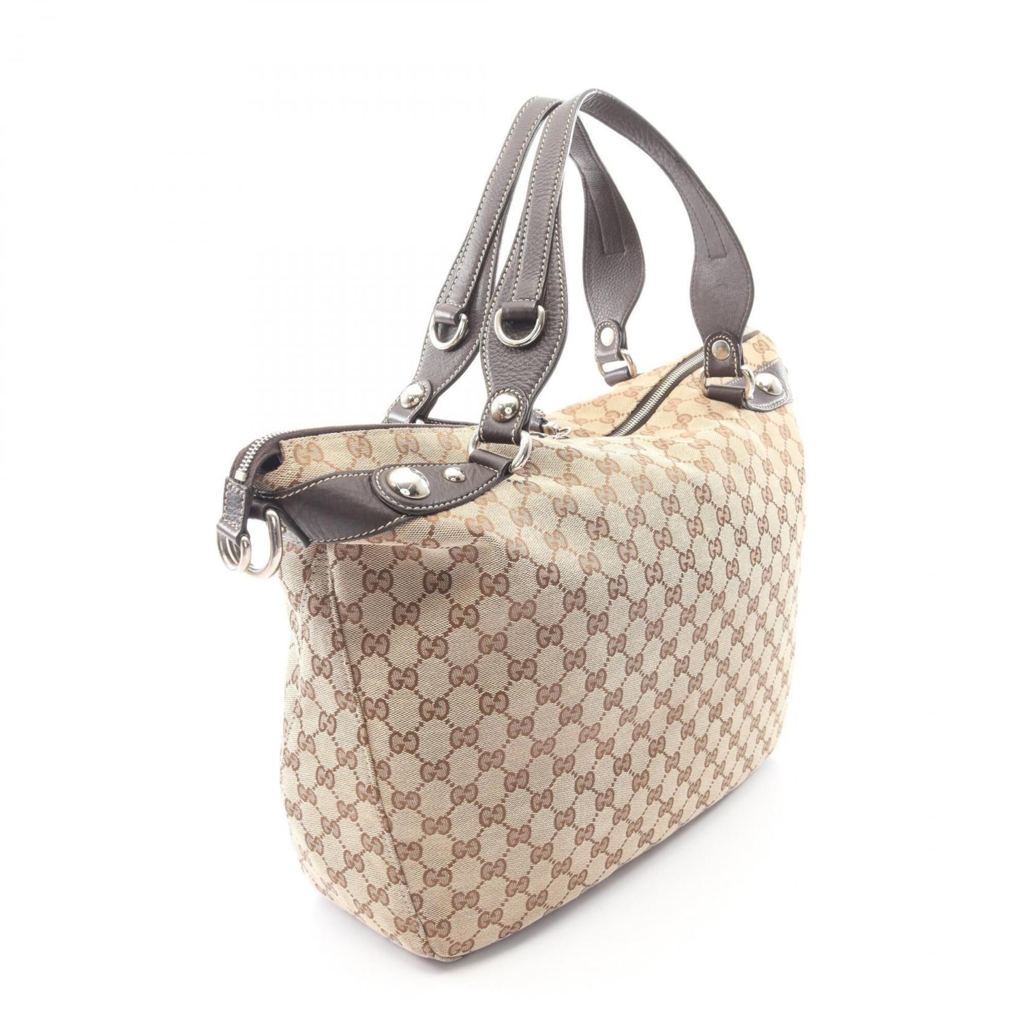 Gucci Beige Brown Gg Canvas Leather Handbag Tote Bag (Pre-Owned)