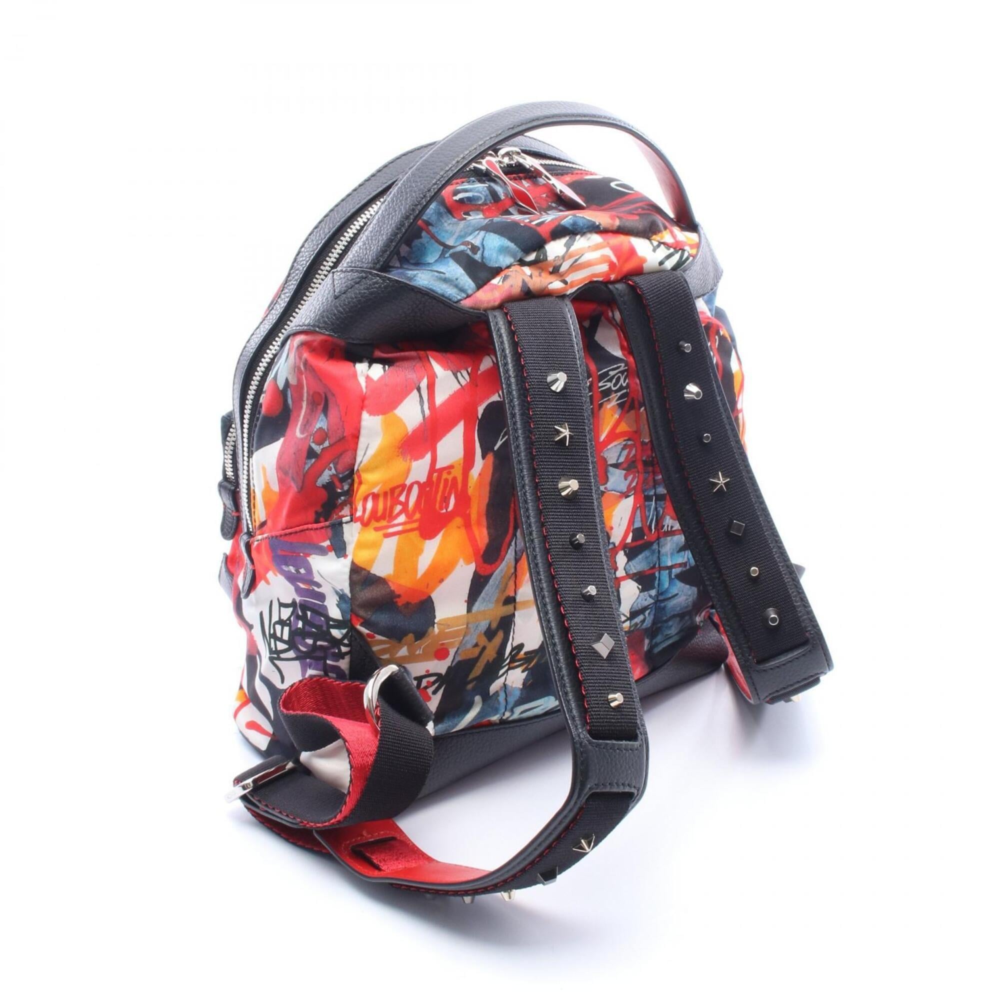 Christian Louboutin Black Multi-Color Red Color Nylon Leather Rubber Backpack Handbag (Pre-Owned)