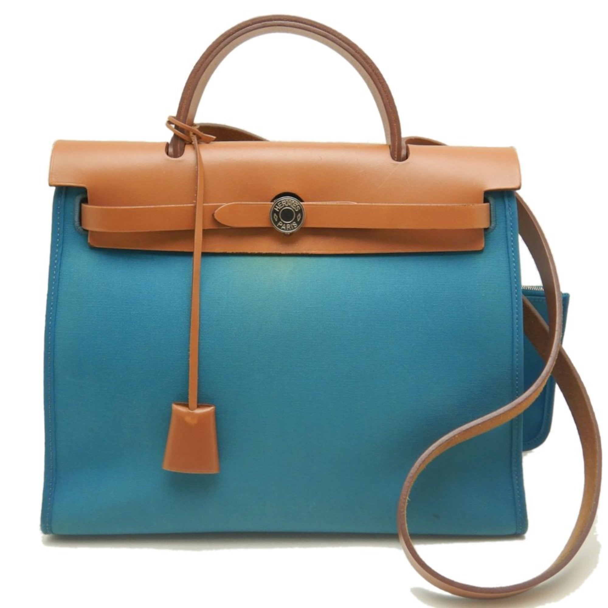 Hermes Her Bag Turquoise Blue Toile Officier Leather Handbag (Pre-Owned)