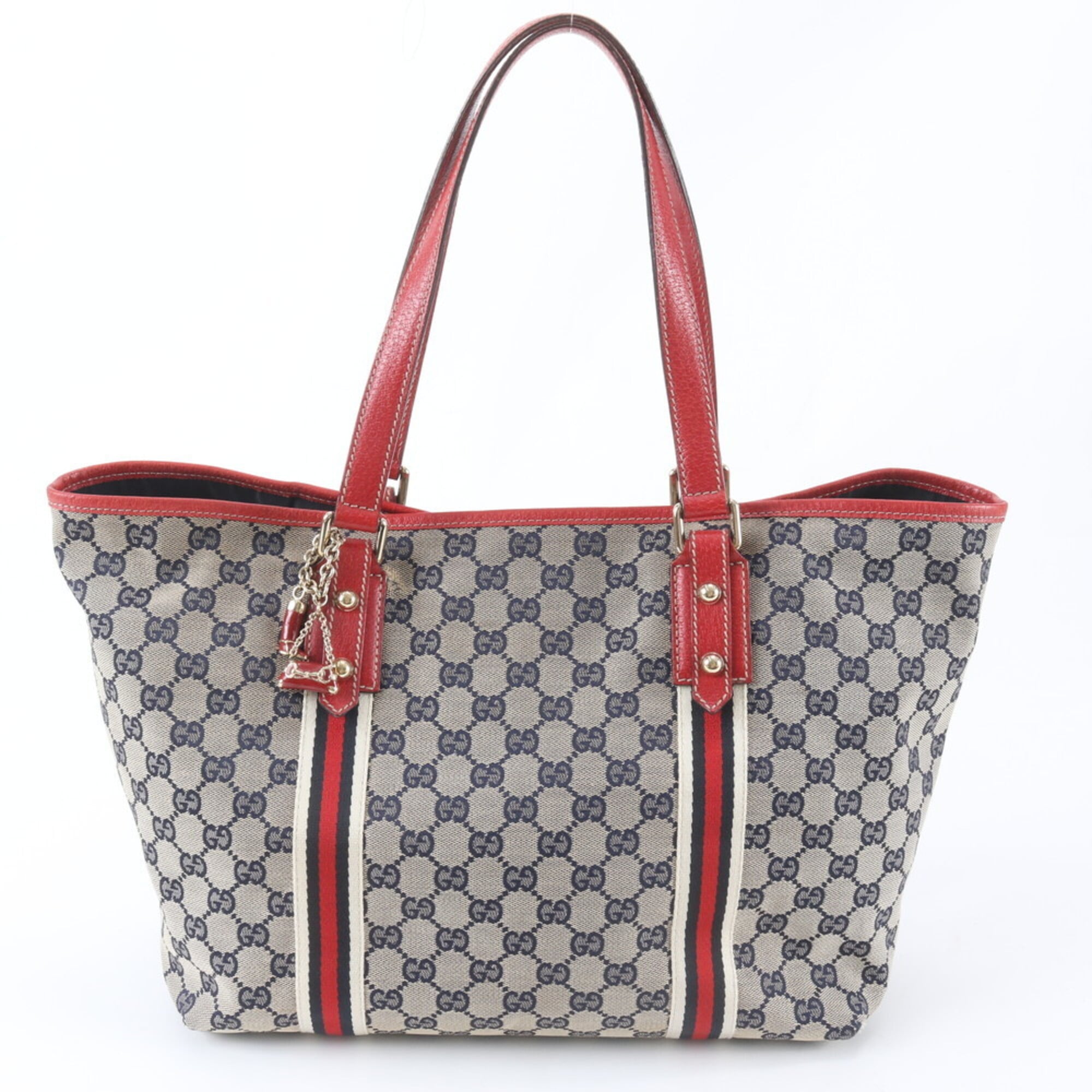 Gucci Beige Navy Red Color Leather Canvas Handbag Shoulder Bag Tote Bag (Pre-Owned)