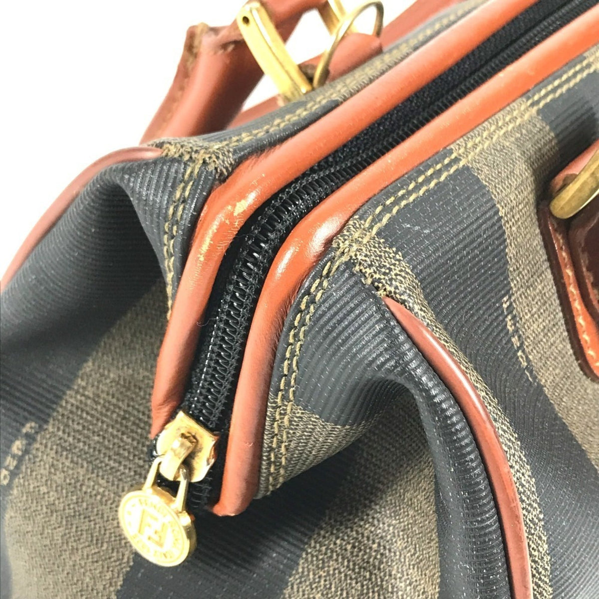 Fendi Pequin Brown Khaki Pvc Leather Boston Bag Handbag (Pre-Owned)