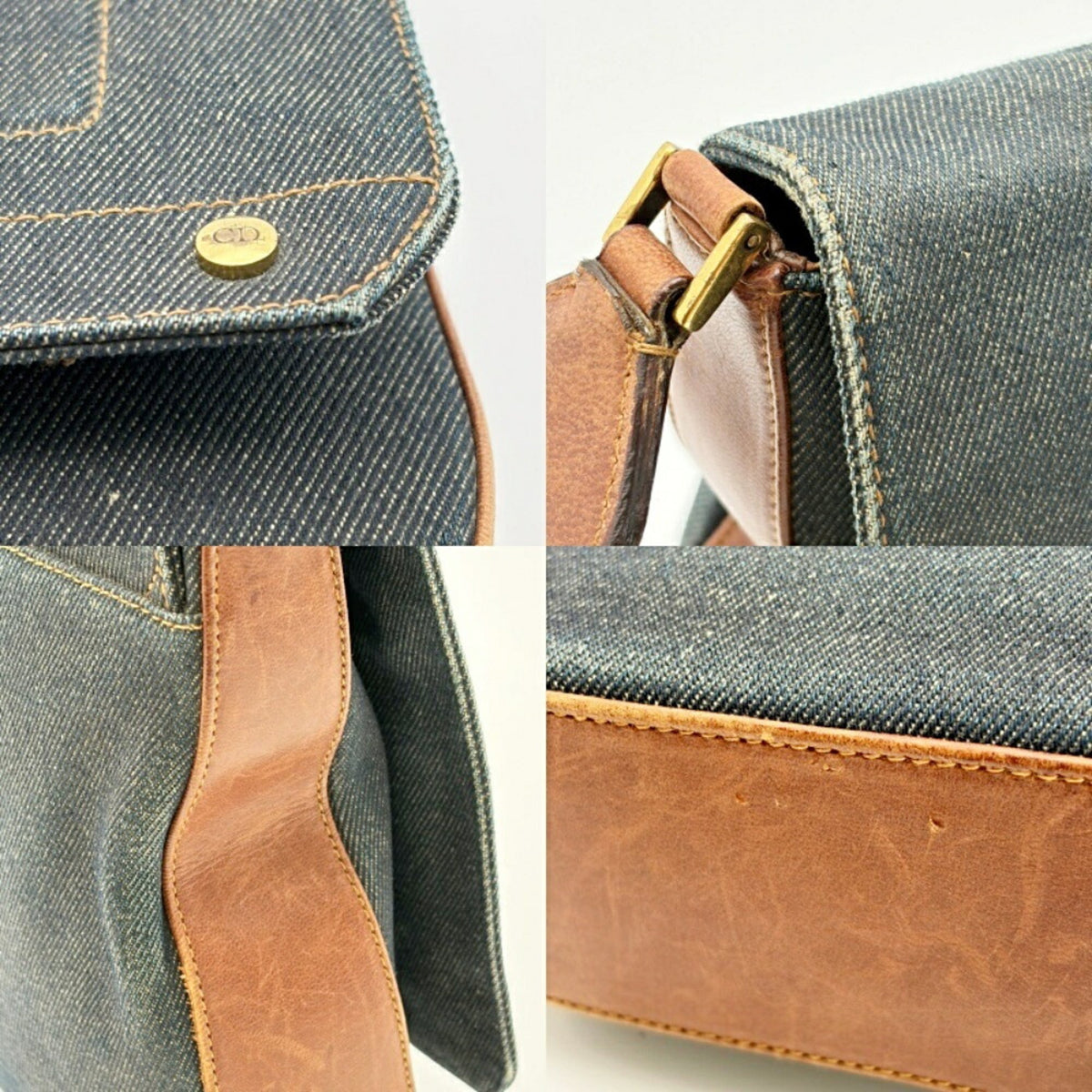 Christian Dior Brown Navy Denim Leather Shoulder Bag (Pre-Owned)