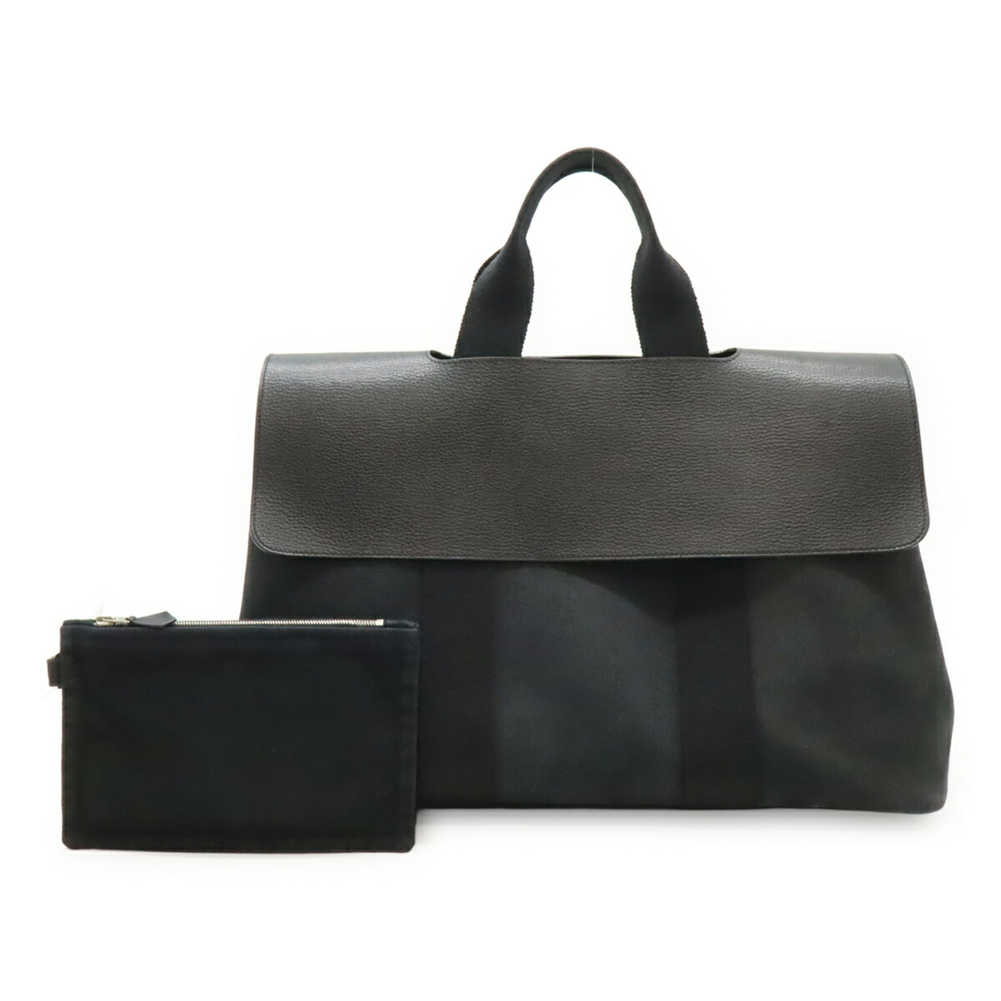 Hermes Valparaiso Black Toile Chevron Leather Handbag Tote Bag (Pre-Owned)